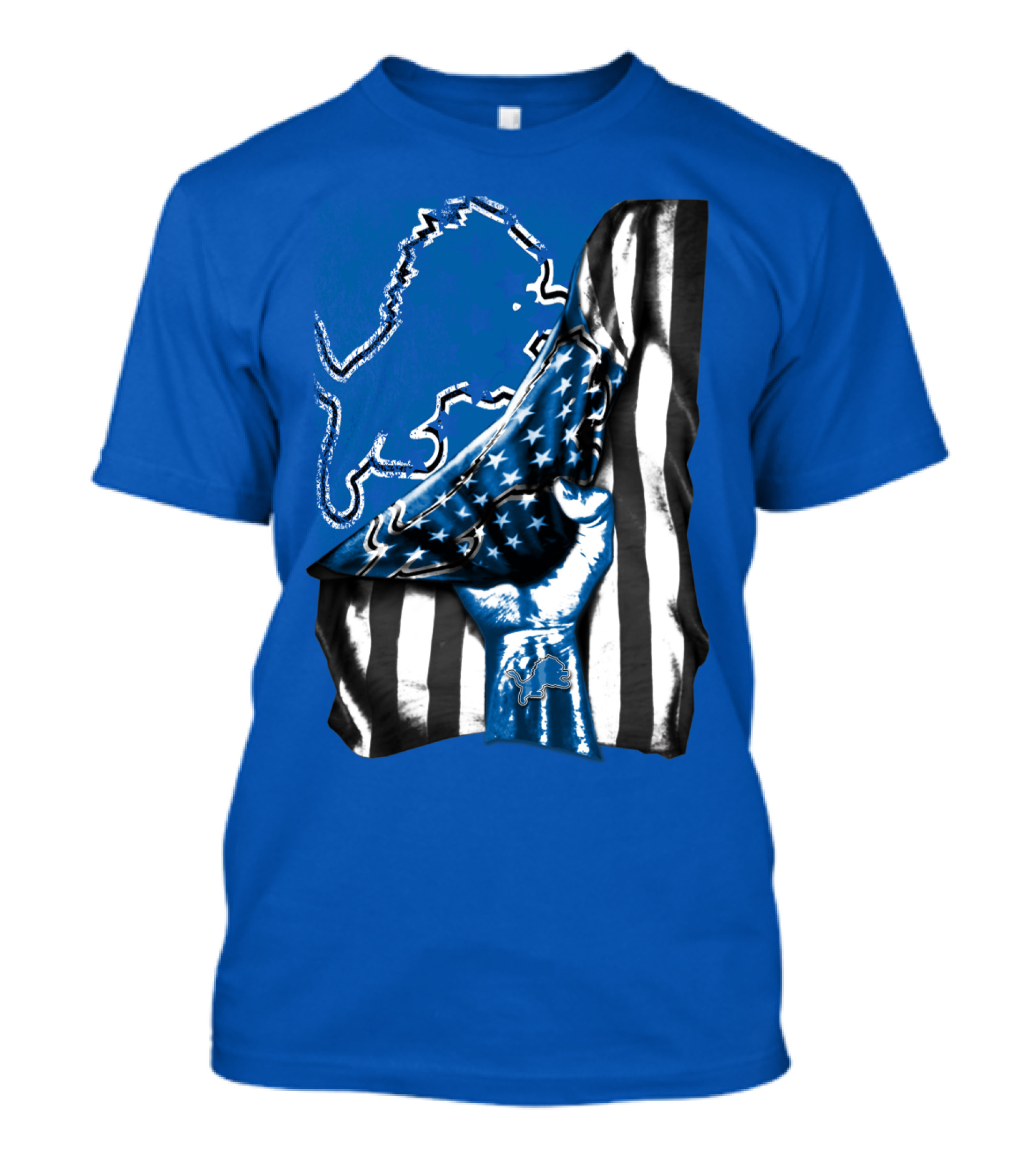 Detroit Lions Blue Lion Silhouette With American Flag Fist On Blue T-Shirt