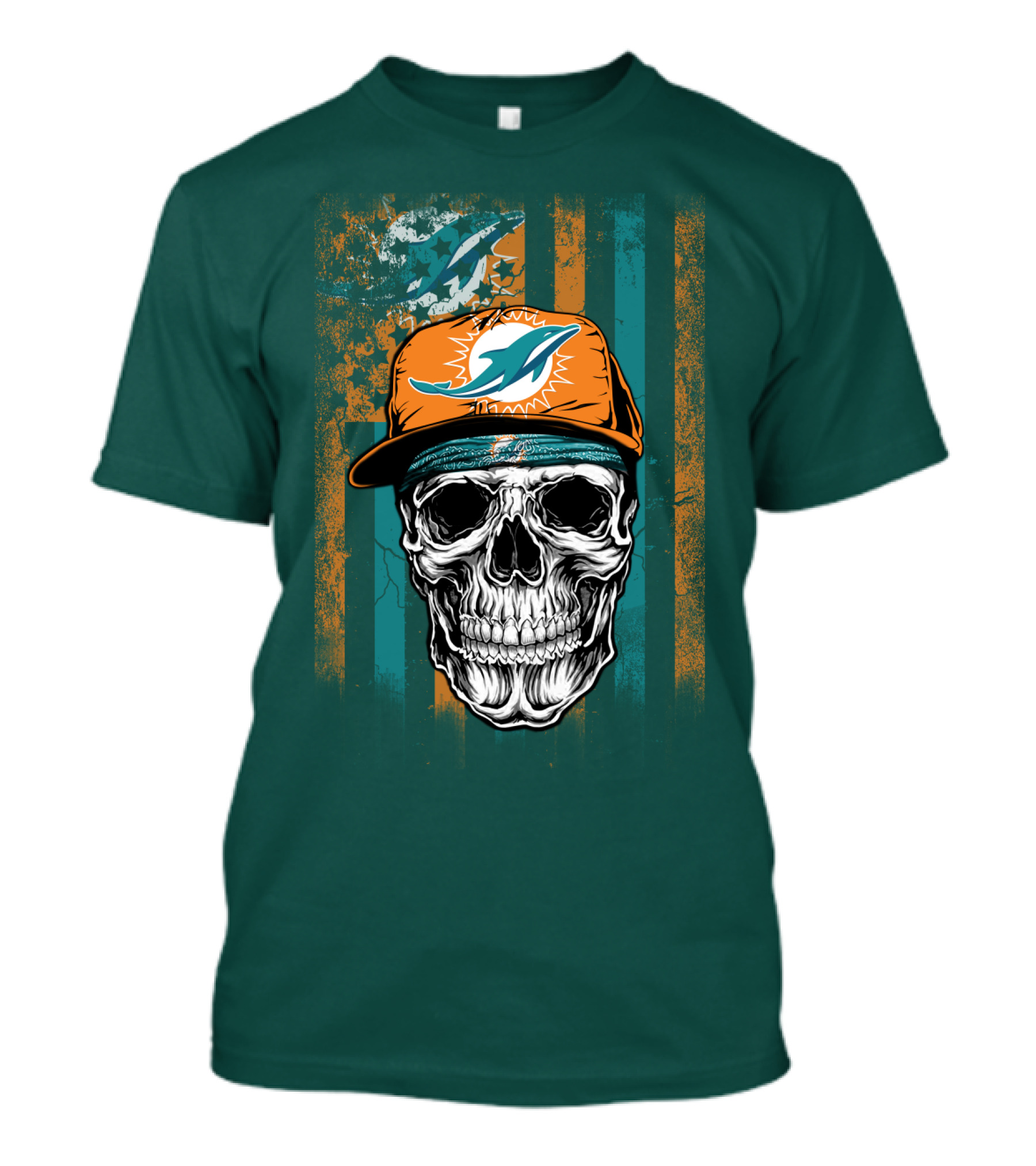 Miami Dolphins Skull With Cap And Logo In Orange And Teal Grunge Style T-Shirt