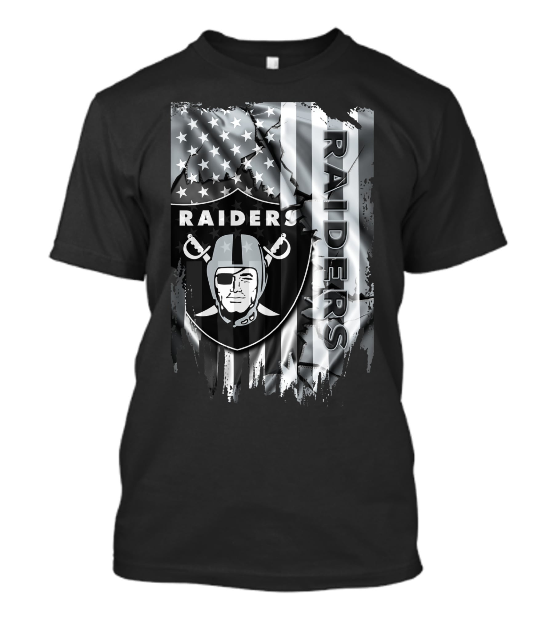 Raiders Nfl Logo With Black And White American Flag T-Shirt