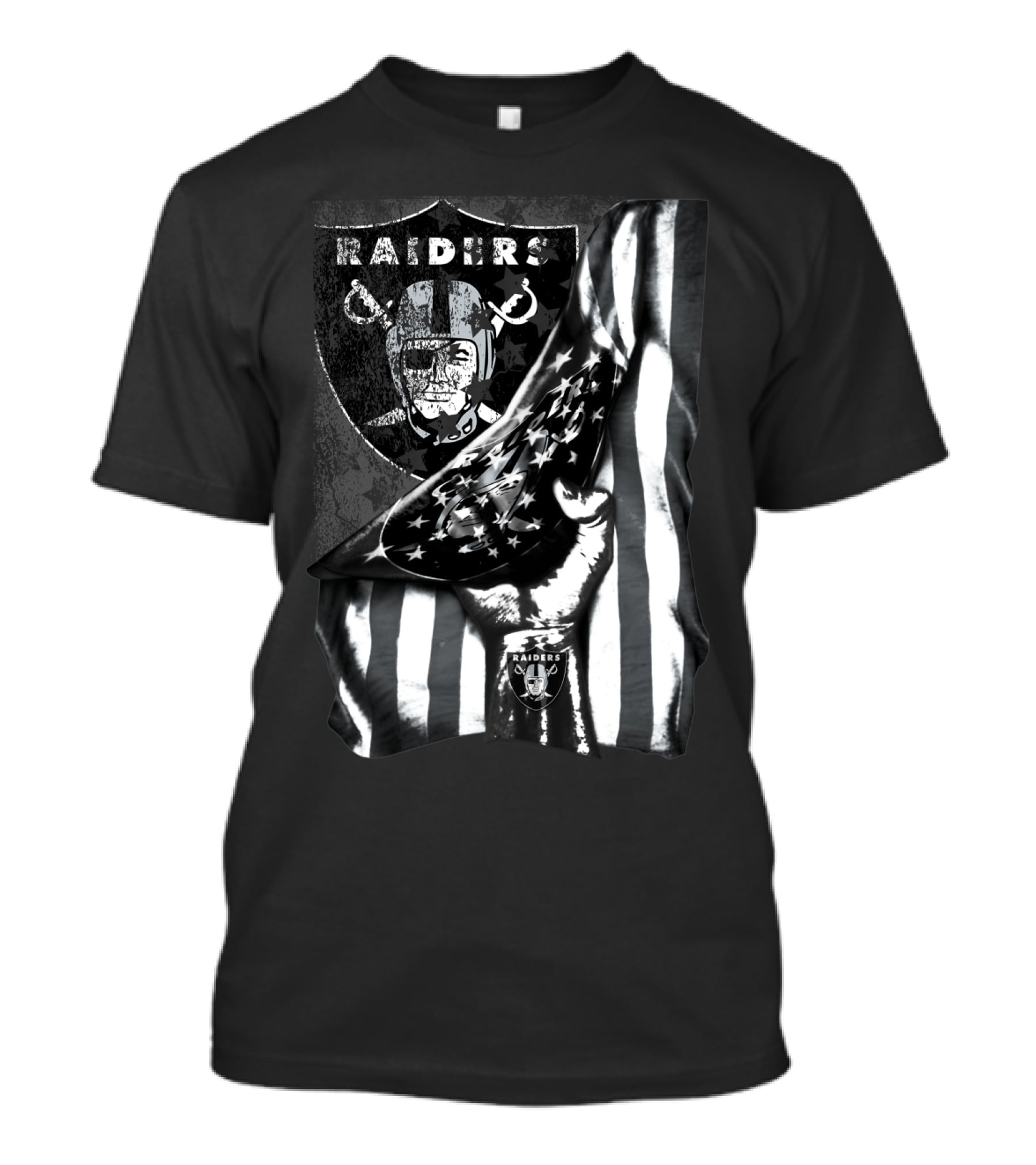 Raiders Shield Helmet And Stars Stripes Black And White Tribute T-Shirt