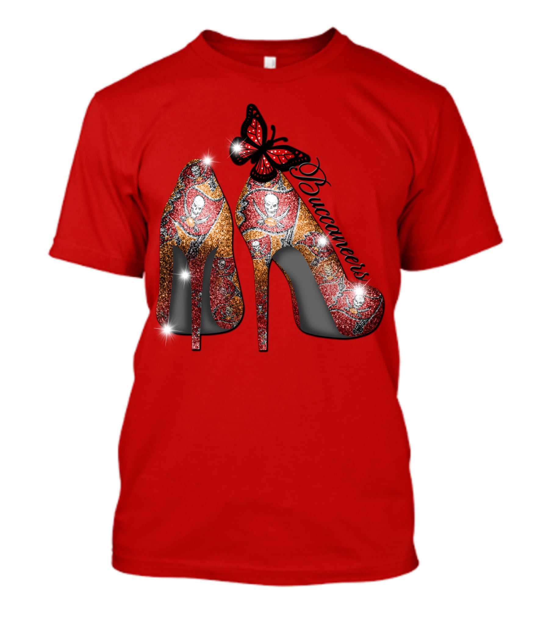 Buccaneers Heels With Red And Gold Skull Pattern Butterfly Accent T-Shirt