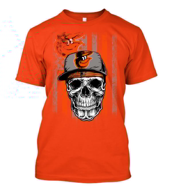 Baltimore Orioles Skull With Cap On Orange T-Shirt