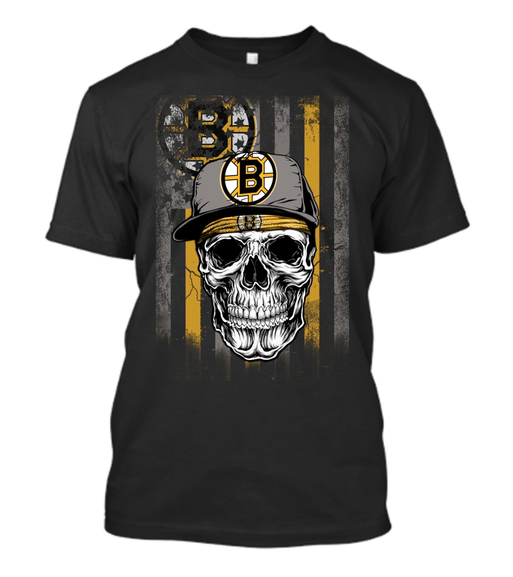 Boston Bruins Skull With Hat And Stripes T-Shirt