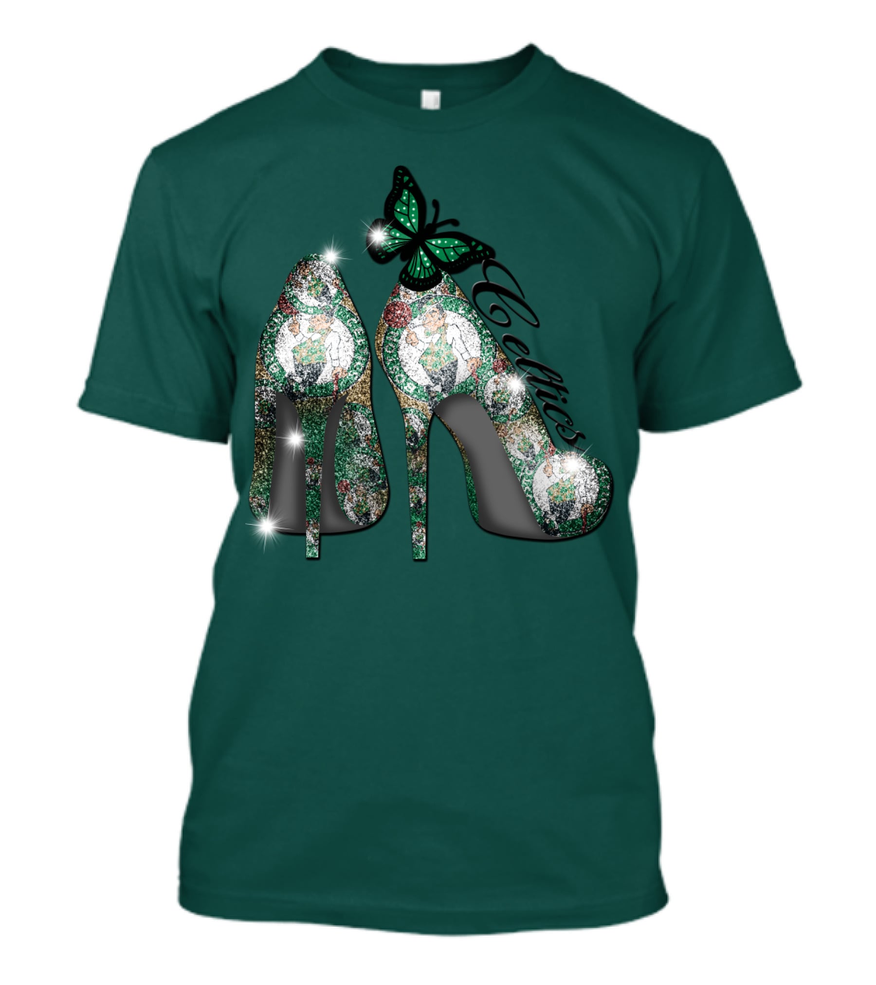 Boston Celtics High Heels With Green Butterfly Sparkle T-Shirt
