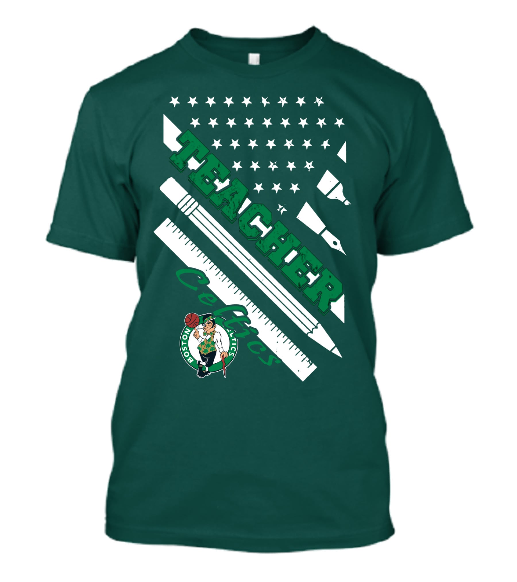 Boston Celtics Teacher Stars And Stripes Pencil Ruler T-Shirt