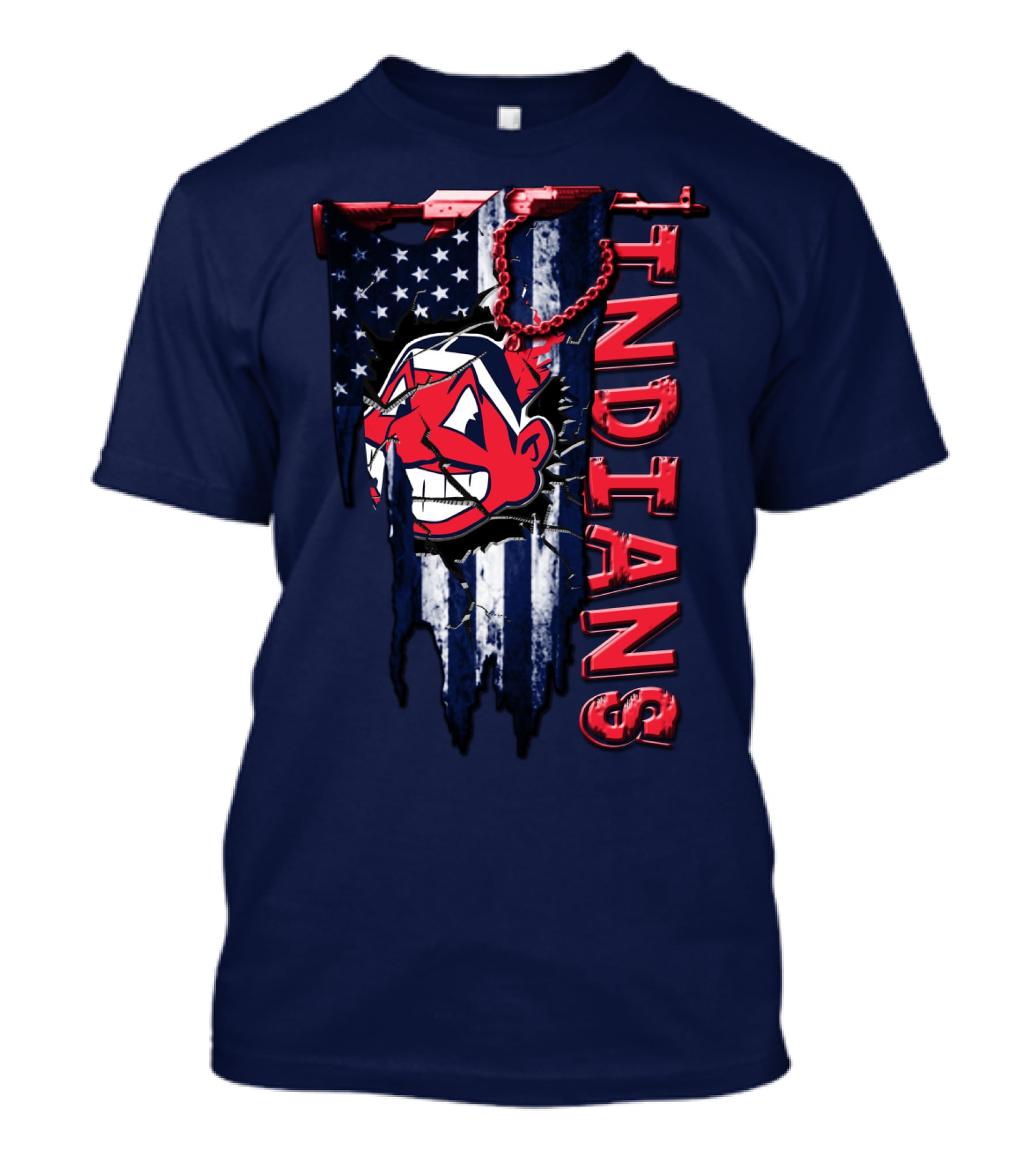 Cleveland Indians Vintage Chief Wahoo With American Flag And Red Chain T-Shirt