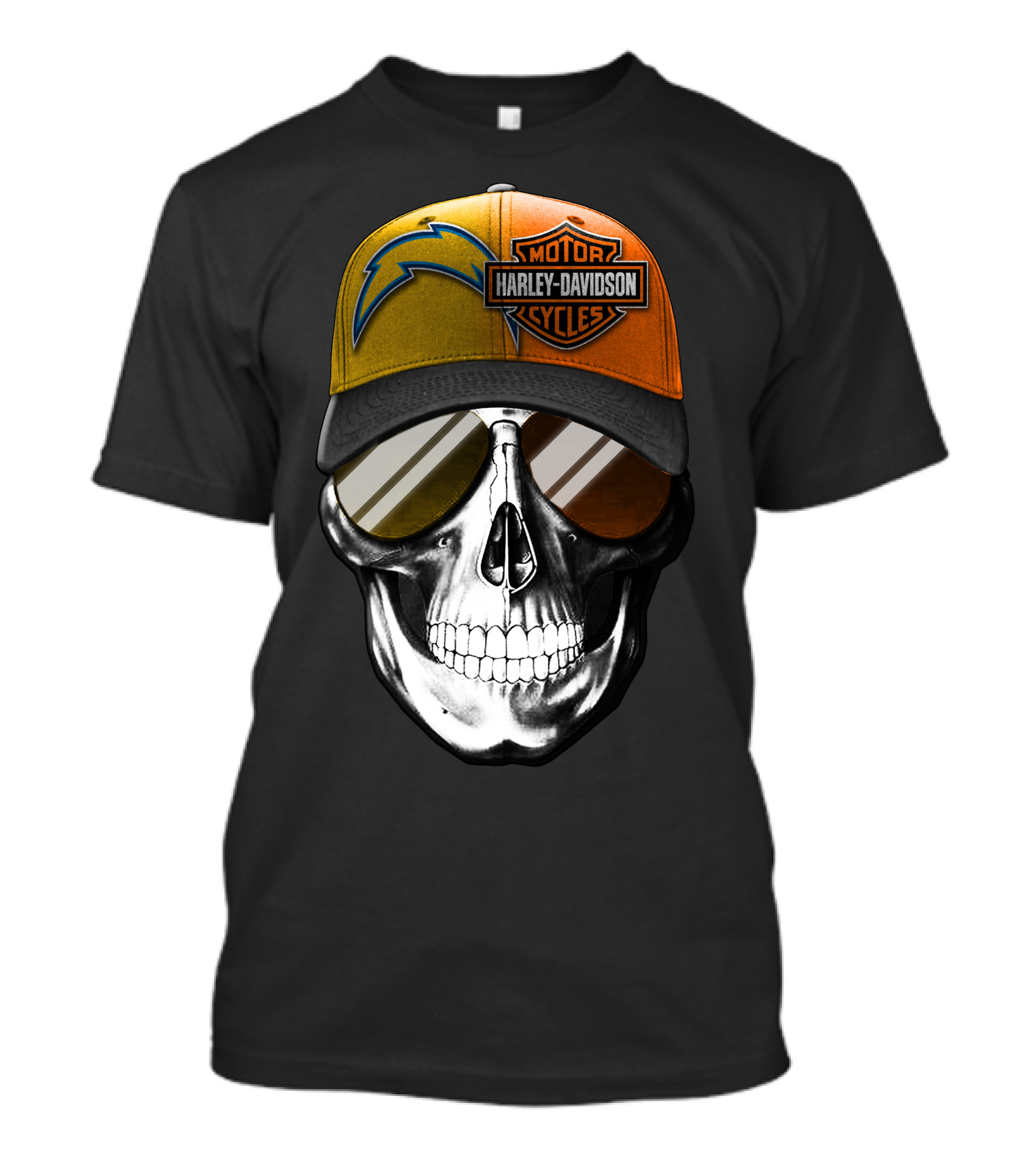 Los Angeles Chargers And Harley Davidson Motorcycle Skull Cap T-Shirt