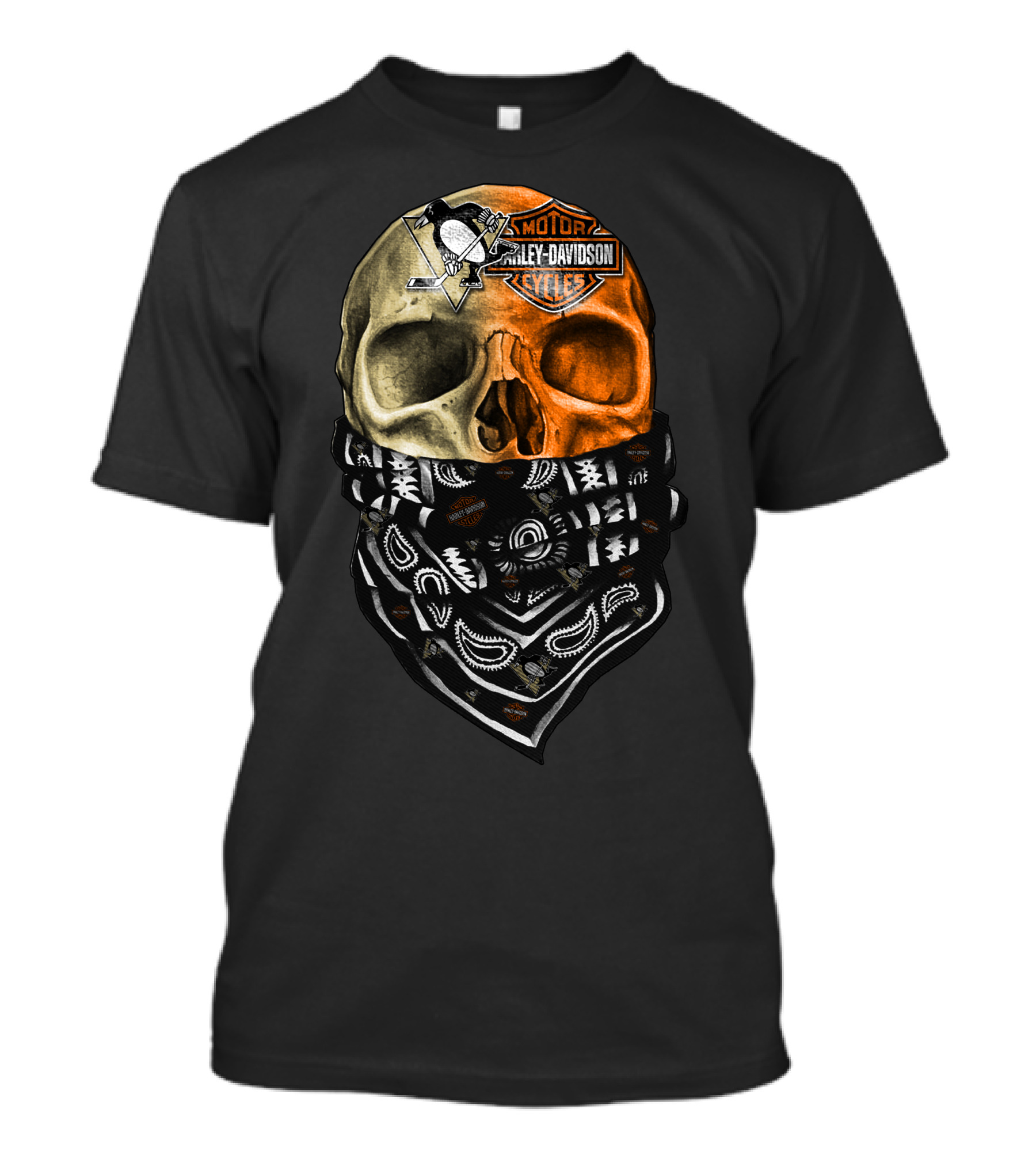 Penguins And Harley Davidson Skull Bandana T-Shirt