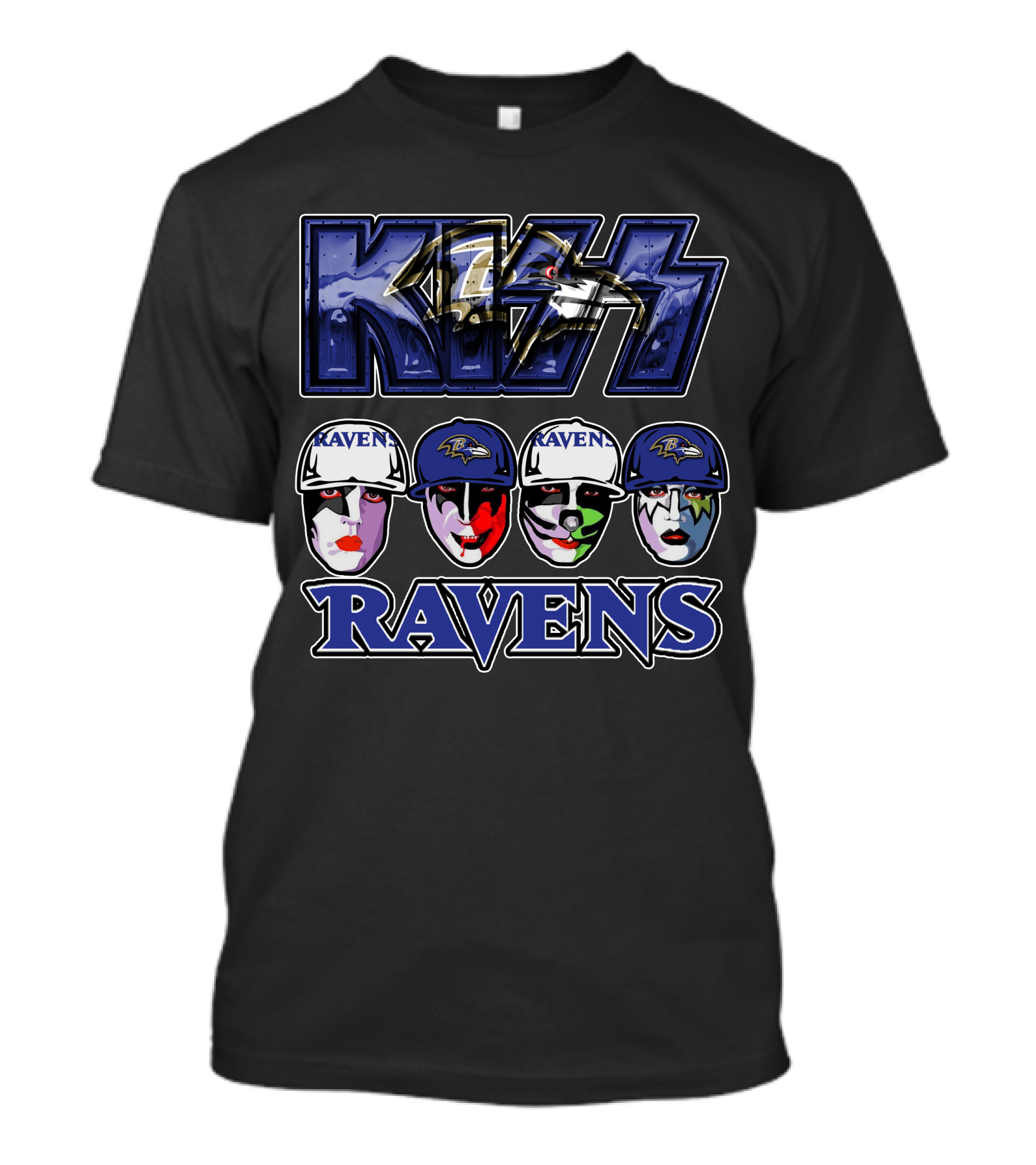 Kiss Baltimore Ravens Faces With Logo And Raven Helmets T-Shirt