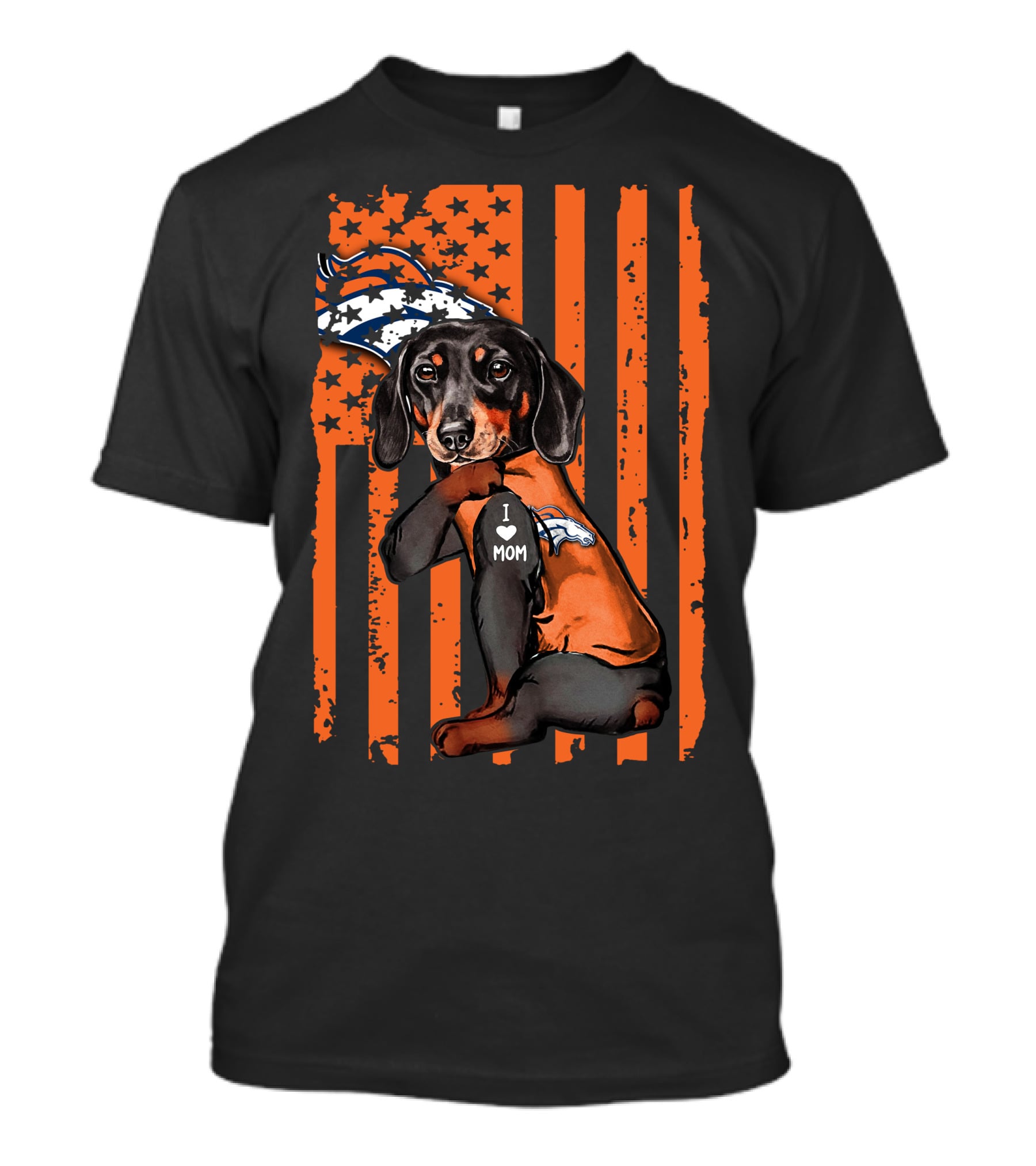 Dachshund DENVER BRONCOS I Love Mom Orange American Flag T-Shirt