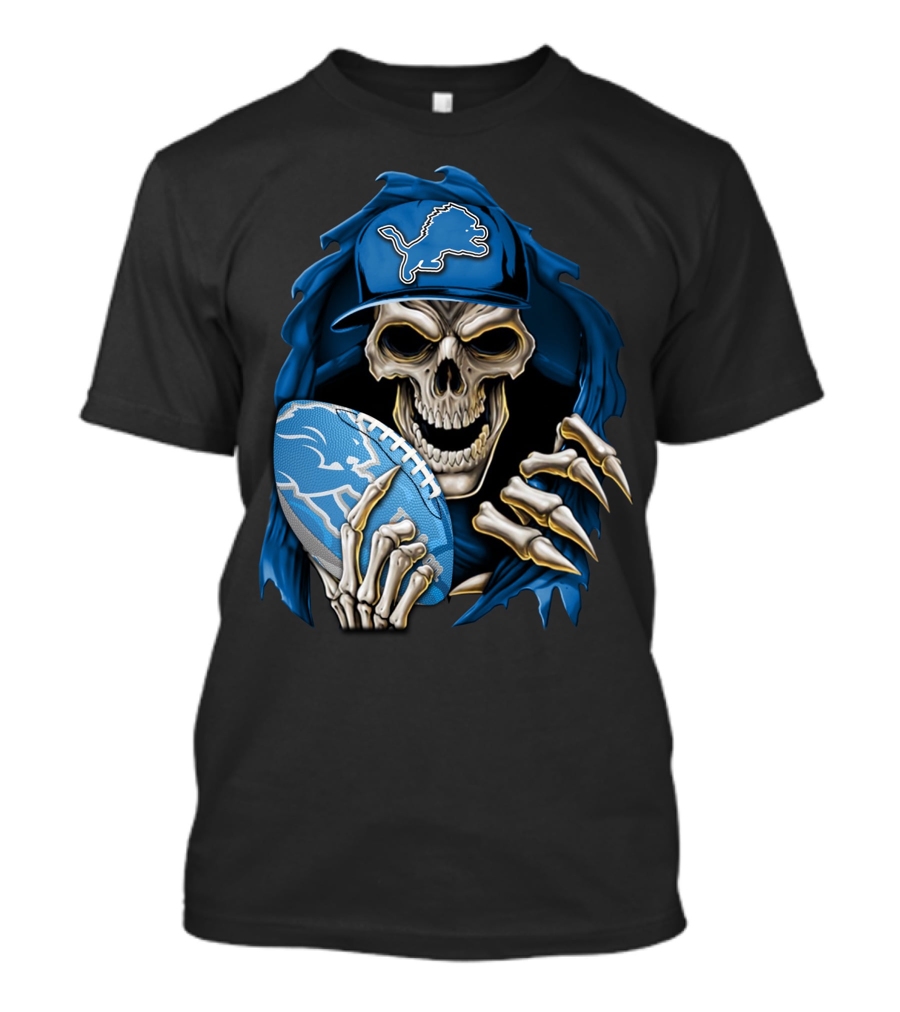 Skullbong Detroit Lions Skeleton With Football And Cap T-Shirt