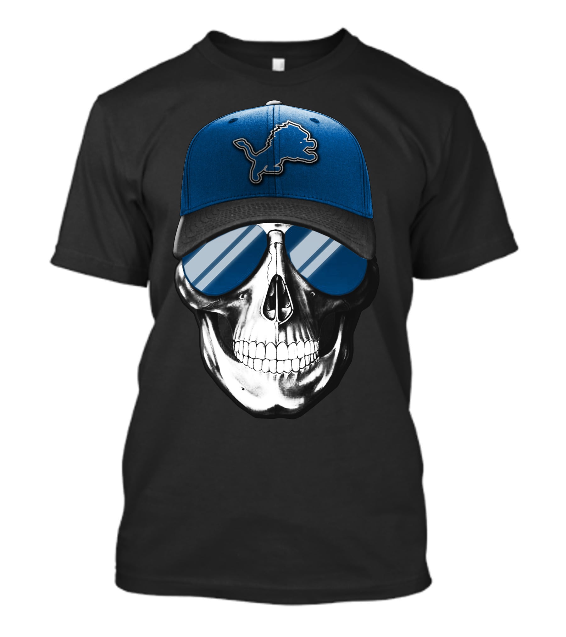 DETROIT LIONS Skull With Blue Cap And Sunglasses T-Shirt