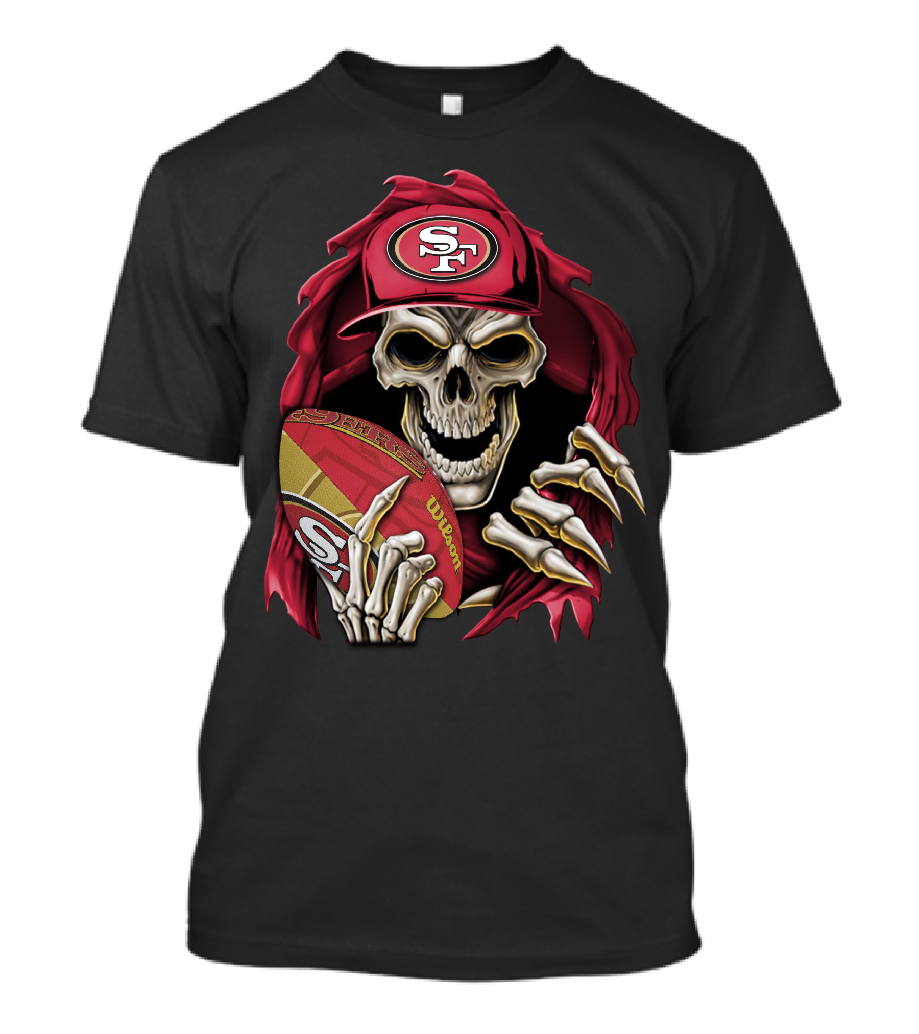 San Francisco 49ers Skull Holding Football With SF Cap T-Shirt