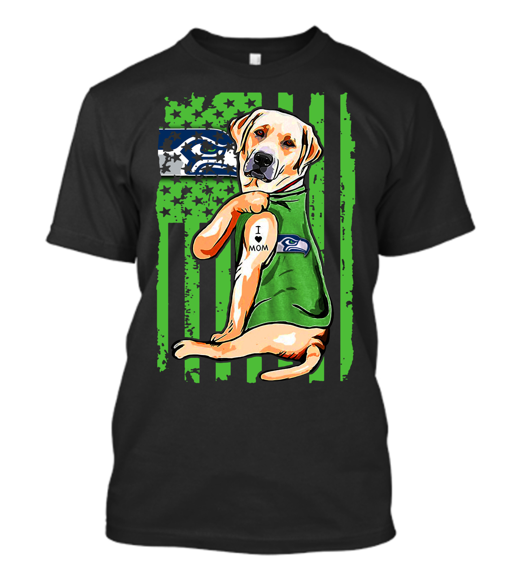 Labrador Retriever Seattle Seahawks Flag I Love Mom Tattoo T-Shirt