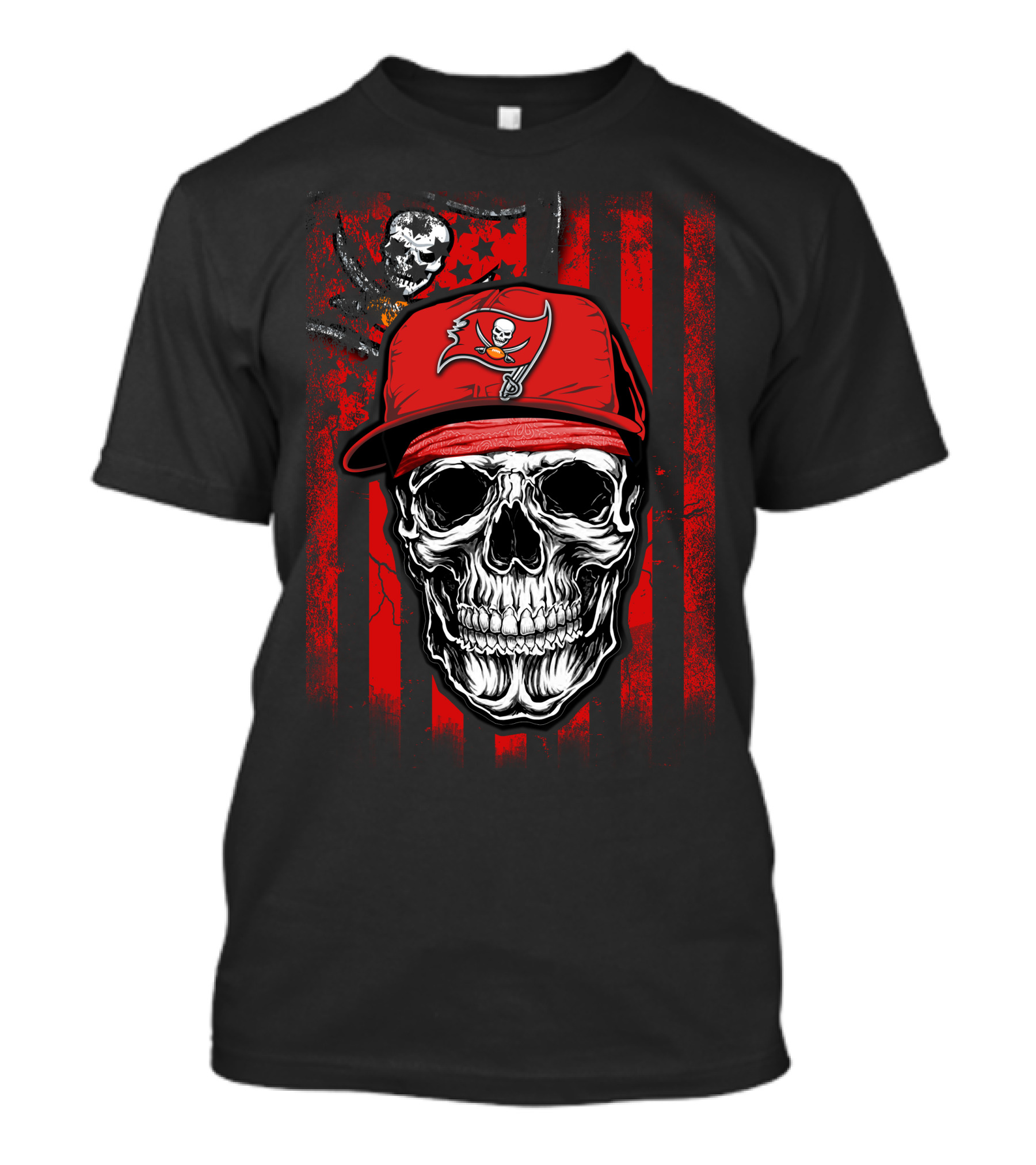 Skull With Tampa Bay Buccaneers Hat And Pirate Flag T-Shirt