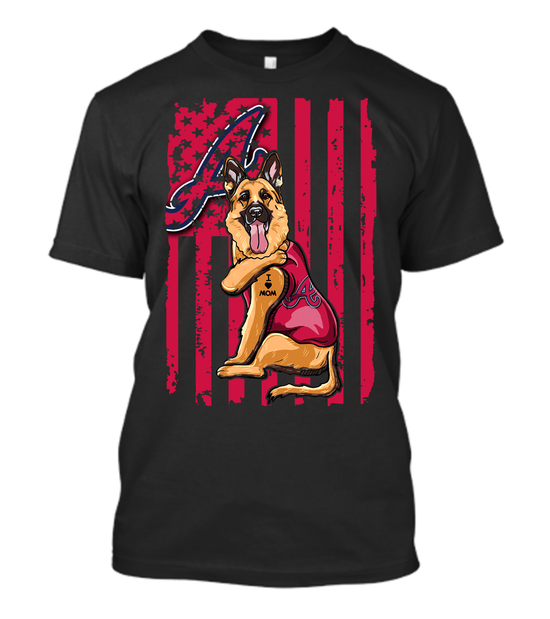 German Shepherd Wearing Atlanta Braves Jersey With A Logo And Flag Background T-Shirt