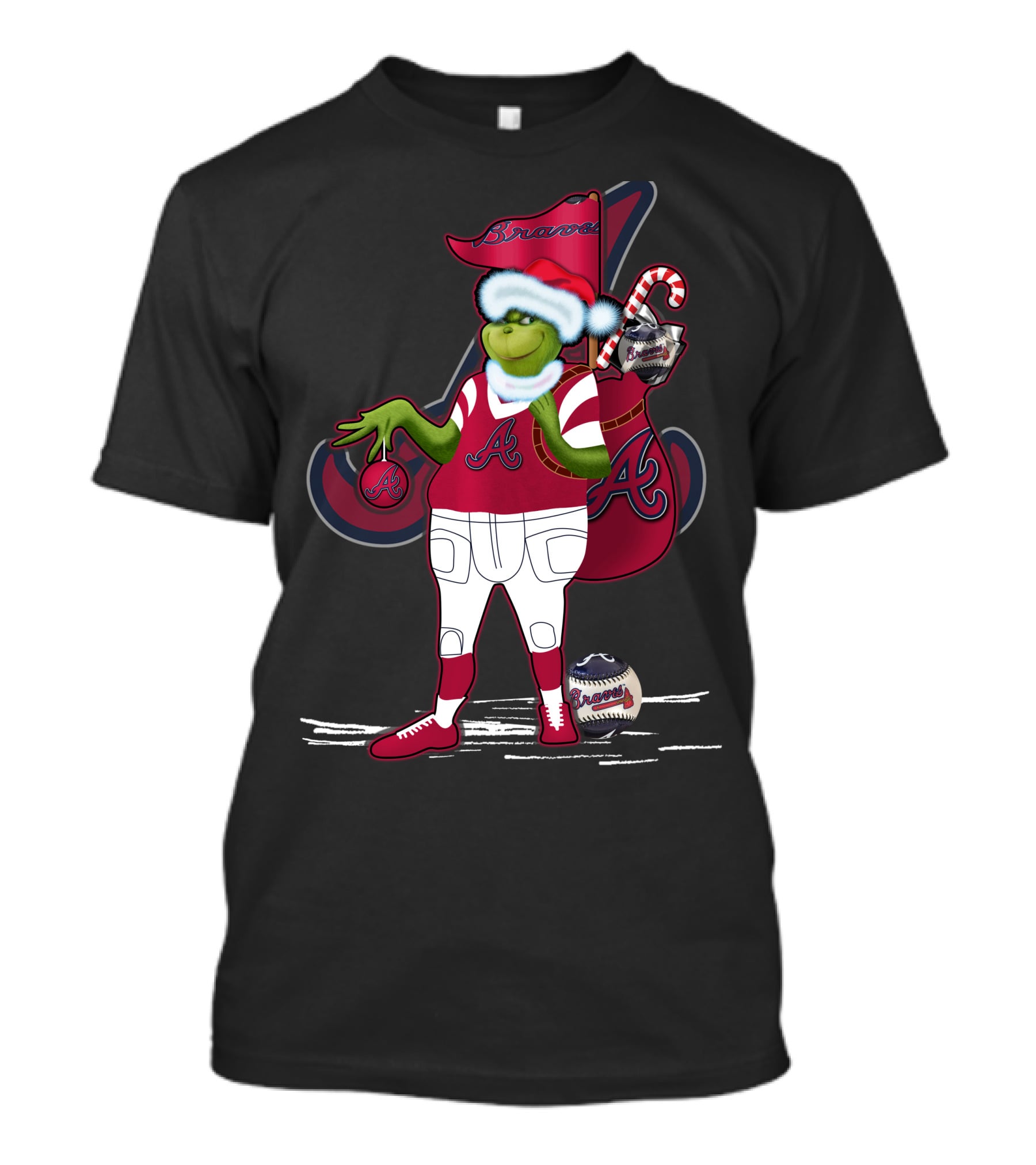 Grinchxmas Atlanta Braves Santa Holding Baseball Candy Cane T-Shirt