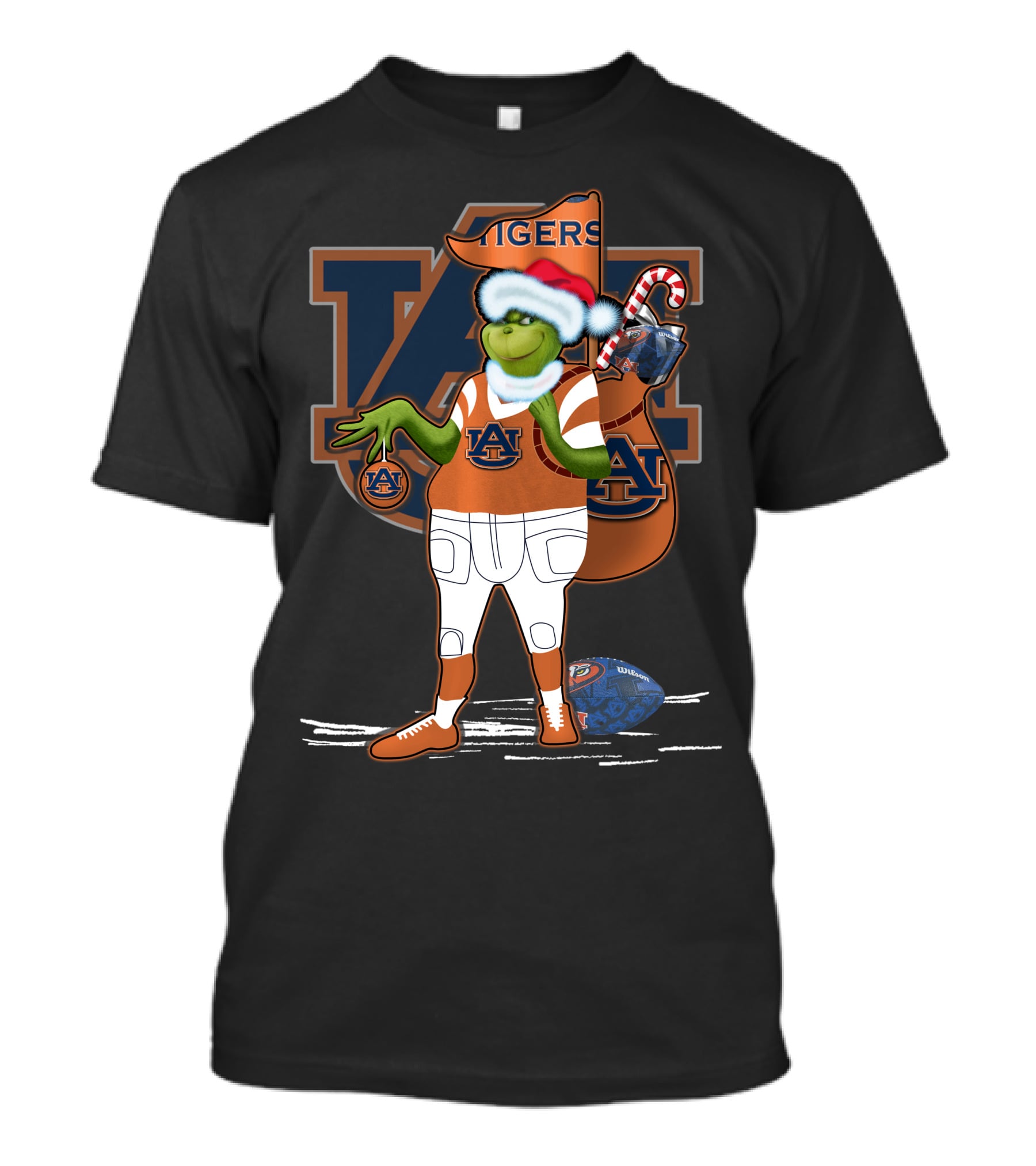 Grinch Christmas Auburn Tigers Football Santa Hat Candy Cane Sack T-Shirt