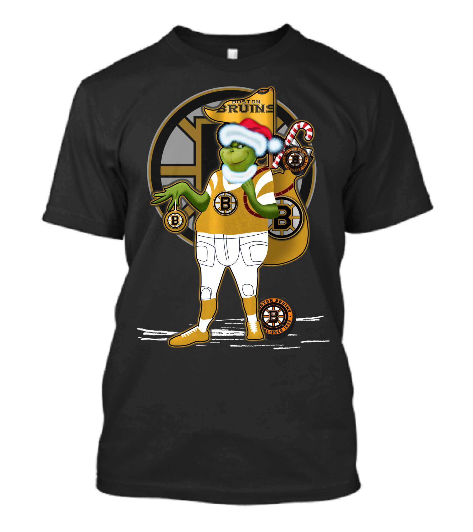 Grinch Boston Bruins Santa Hat Candy Cane Bruins T-Shirt