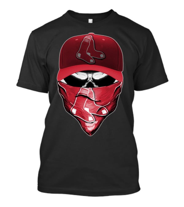Skull Wearing Boston Red Sox Cap And Bandana T-Shirt