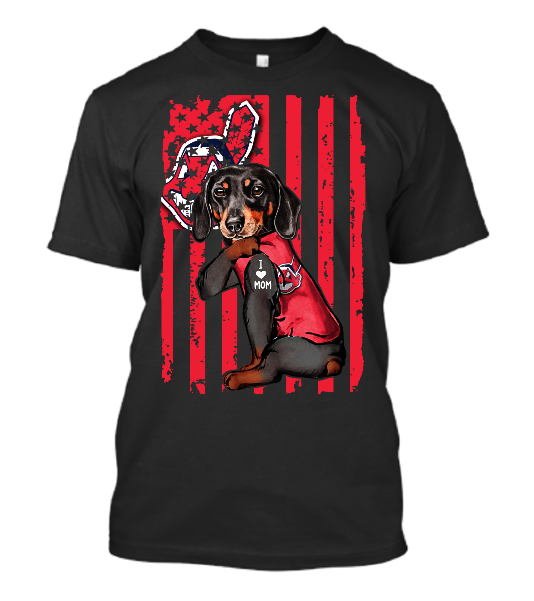 Dachshund With Baseball Team Logo And I Love Mom Patch On Red Stripes T-Shirt