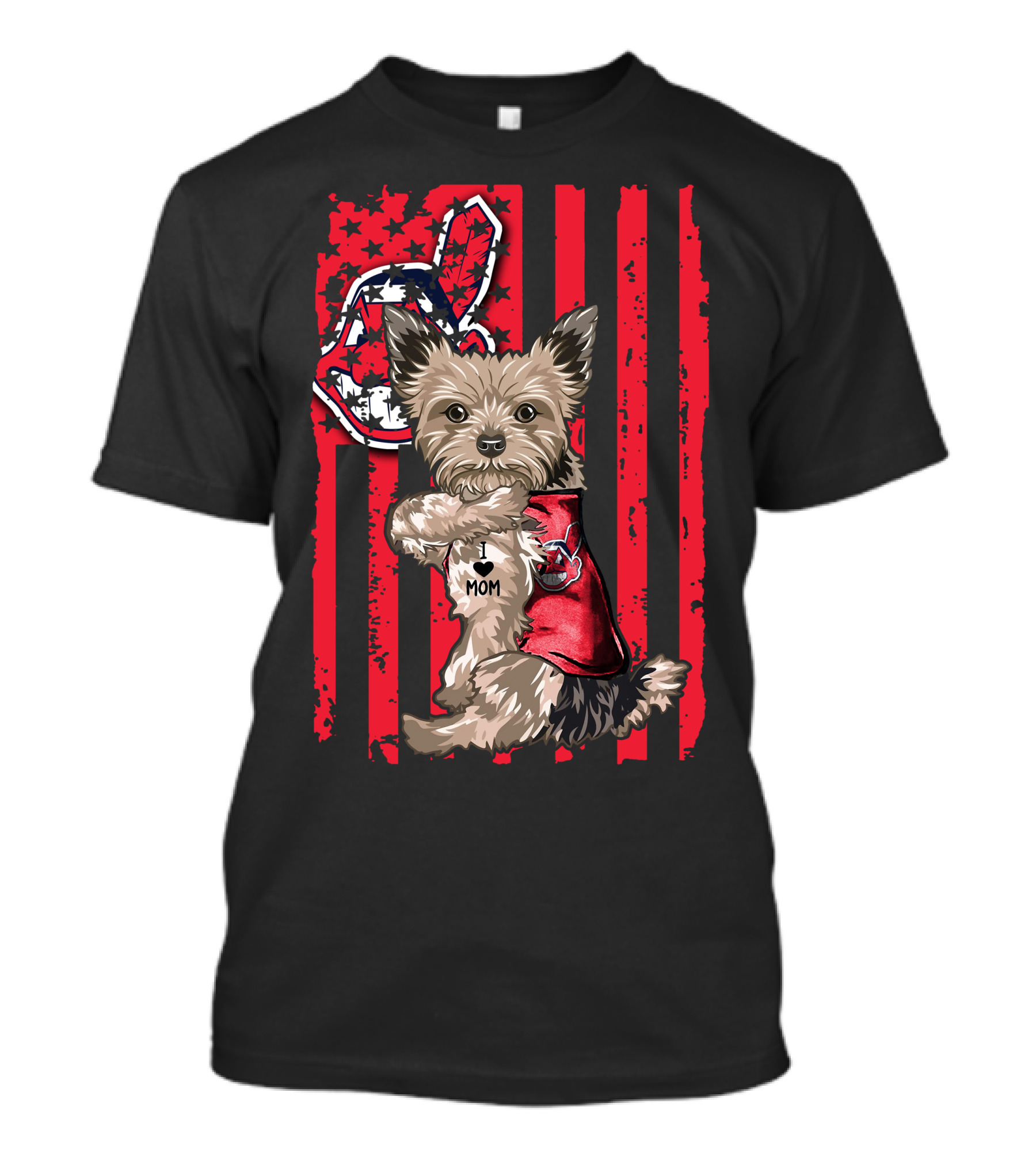 Yorkshire Terrier I Love Mom Cleveland Indians Patriotic Flag T-Shirt