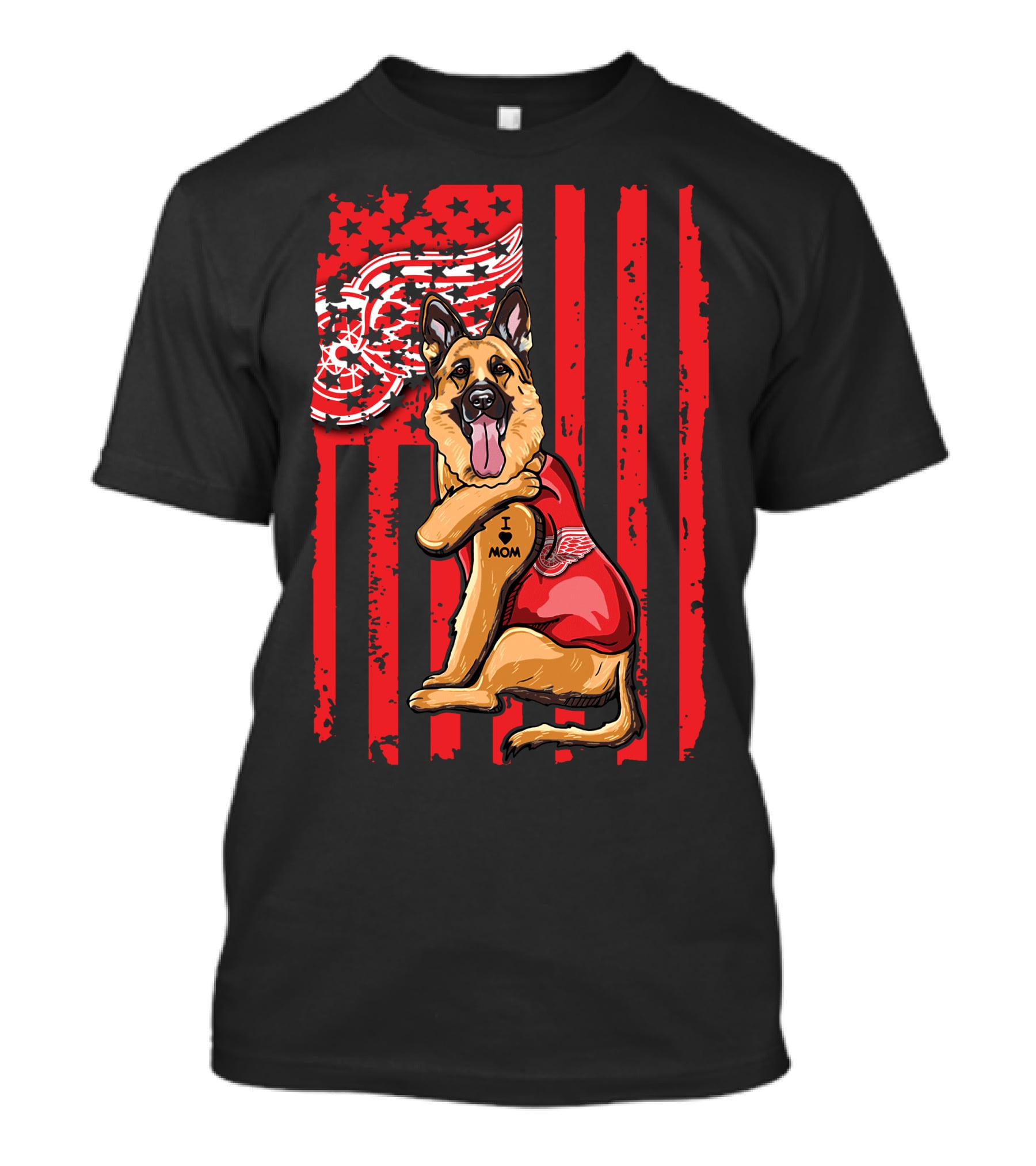 German Shepherd With Detroit Red Wings And I Love Mom Tattoo Flag Background T-Shirt