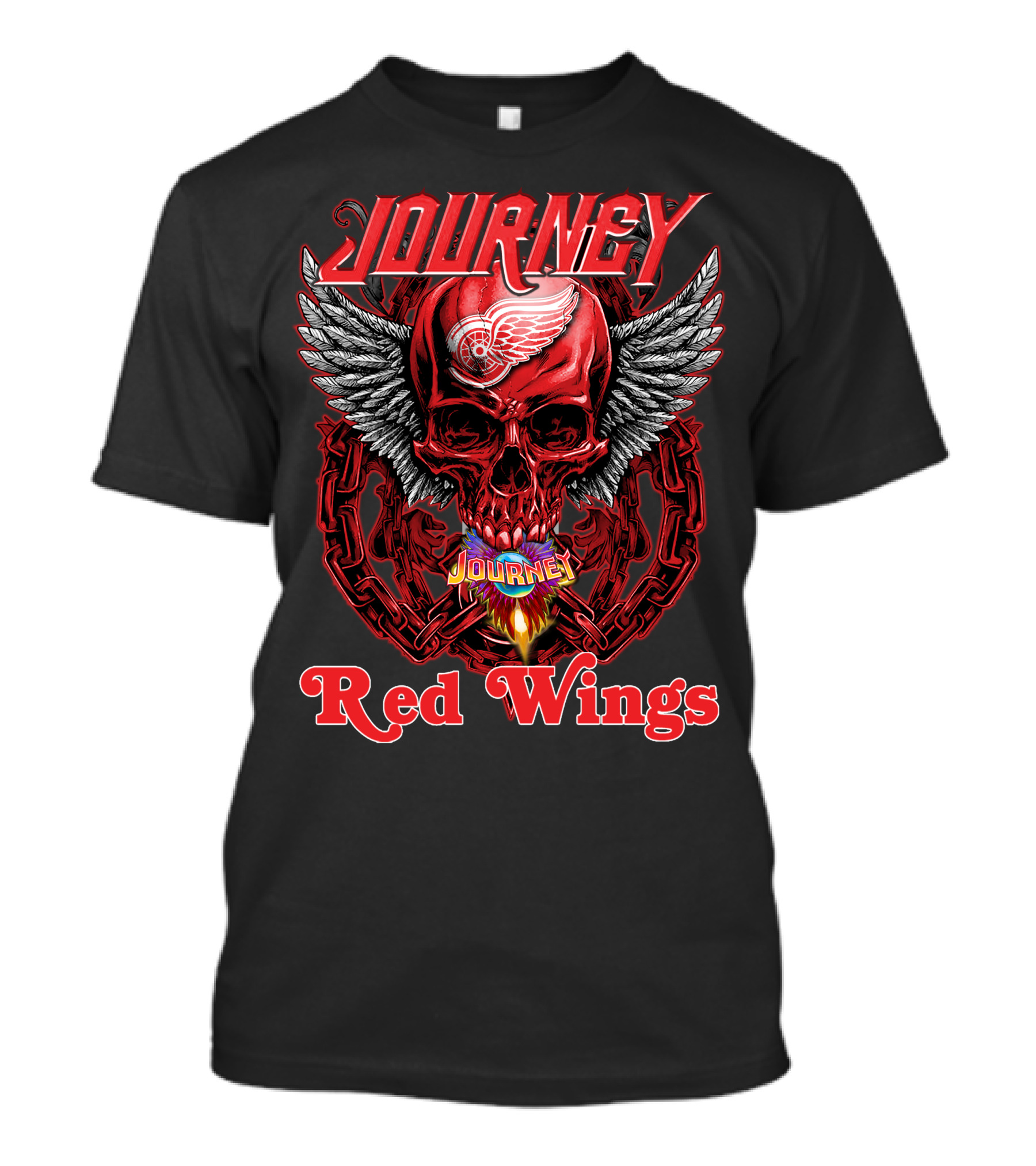 Journey Detroit Red Wings Skull Wings Flame Chain T-Shirt
