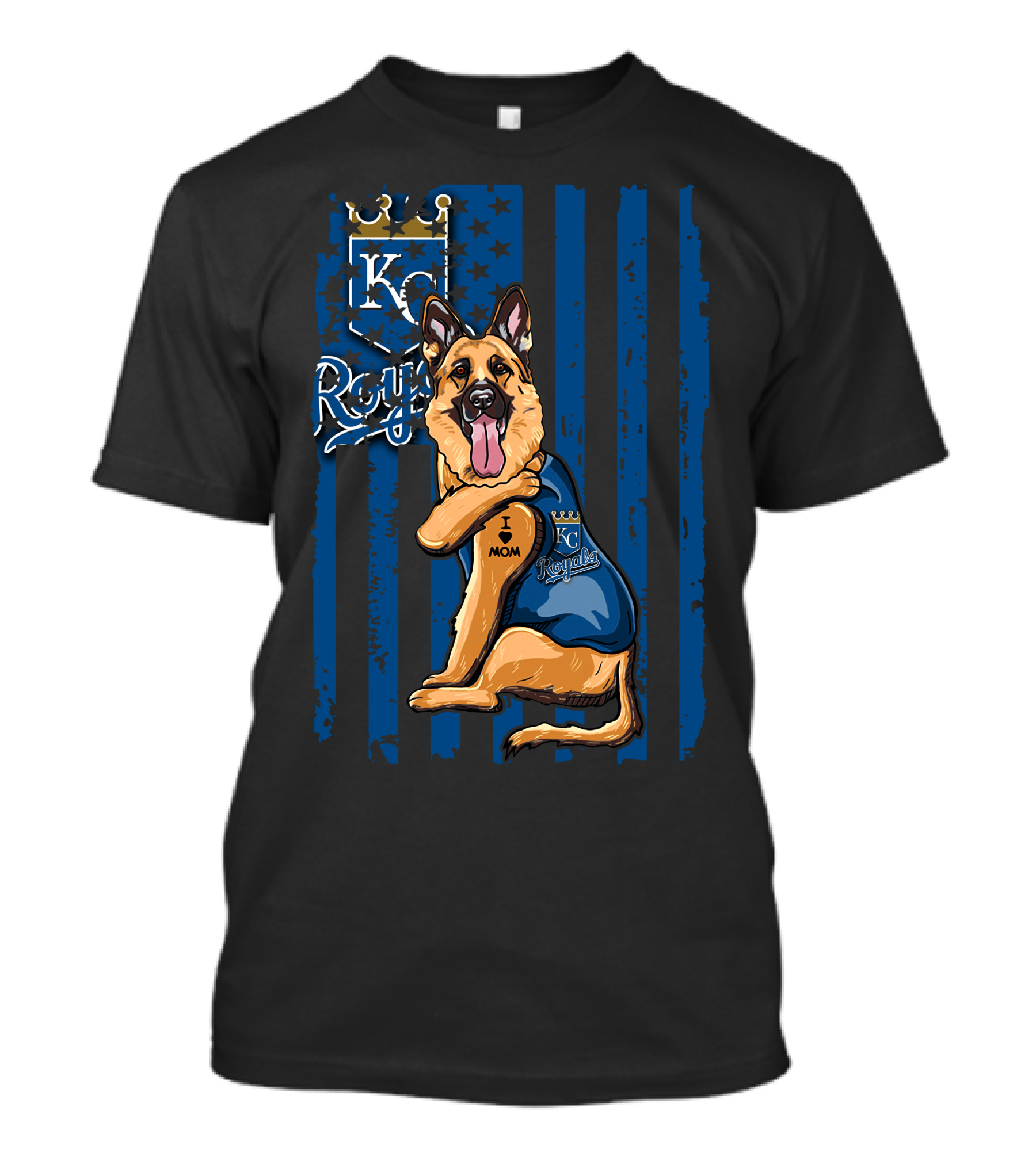 KC Royals German Shepherd Fan With I Love Mom Tattoo T-Shirt
