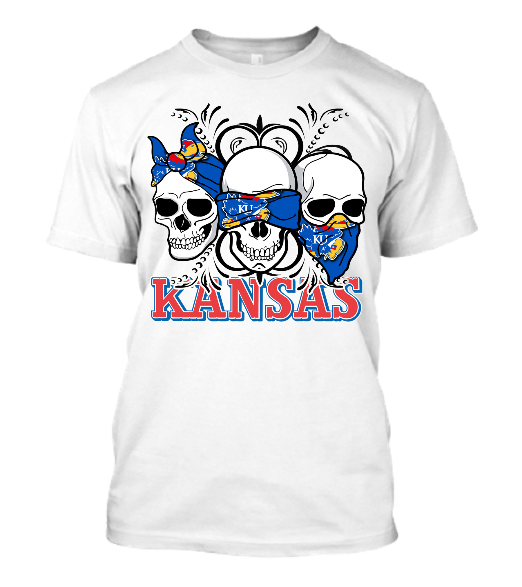 Kansas Jayhawks Skulls Bandana T-Shirt