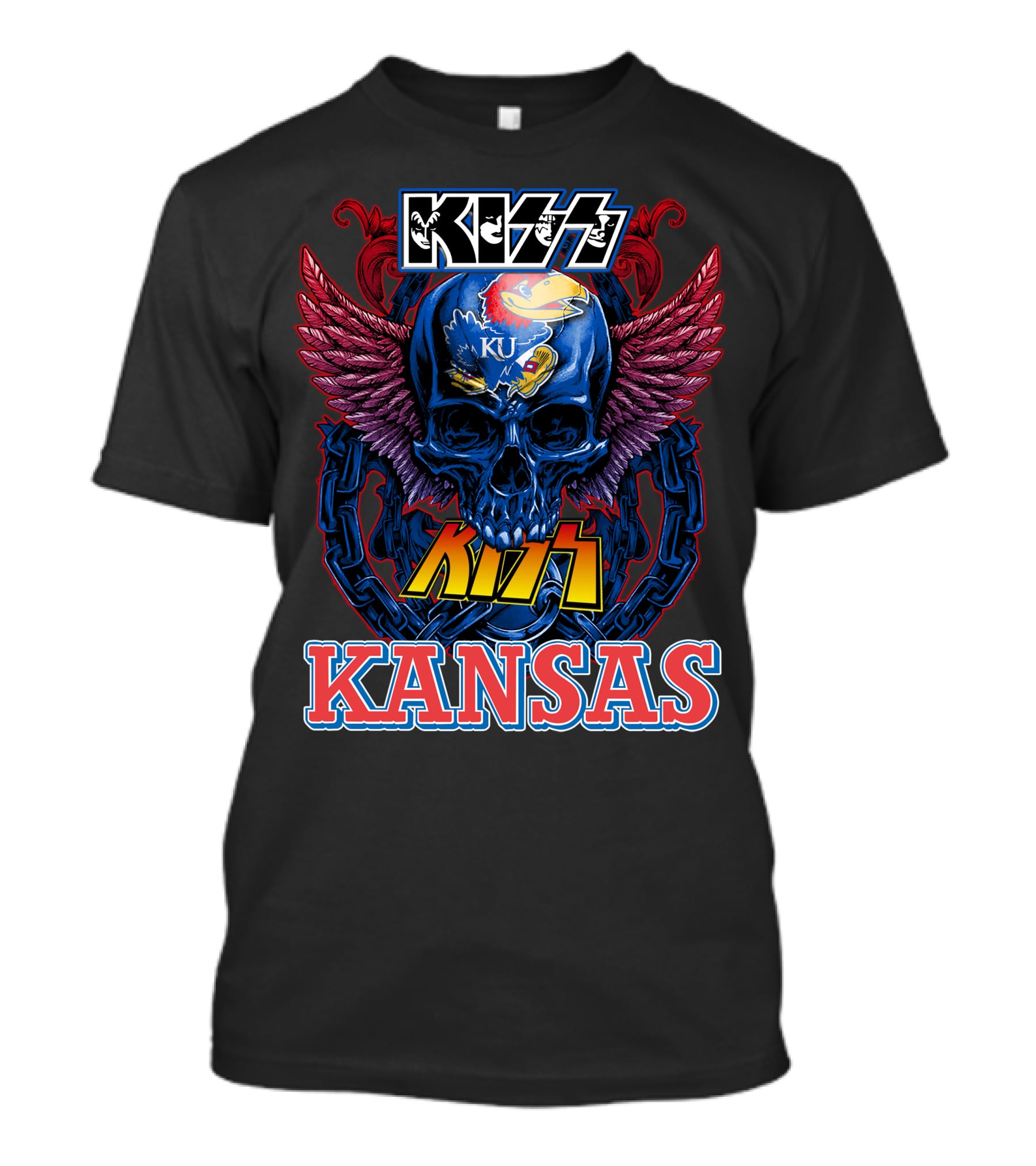KISS Kansas Jayhawks Skull KU Winged Logo Chains T-Shirt