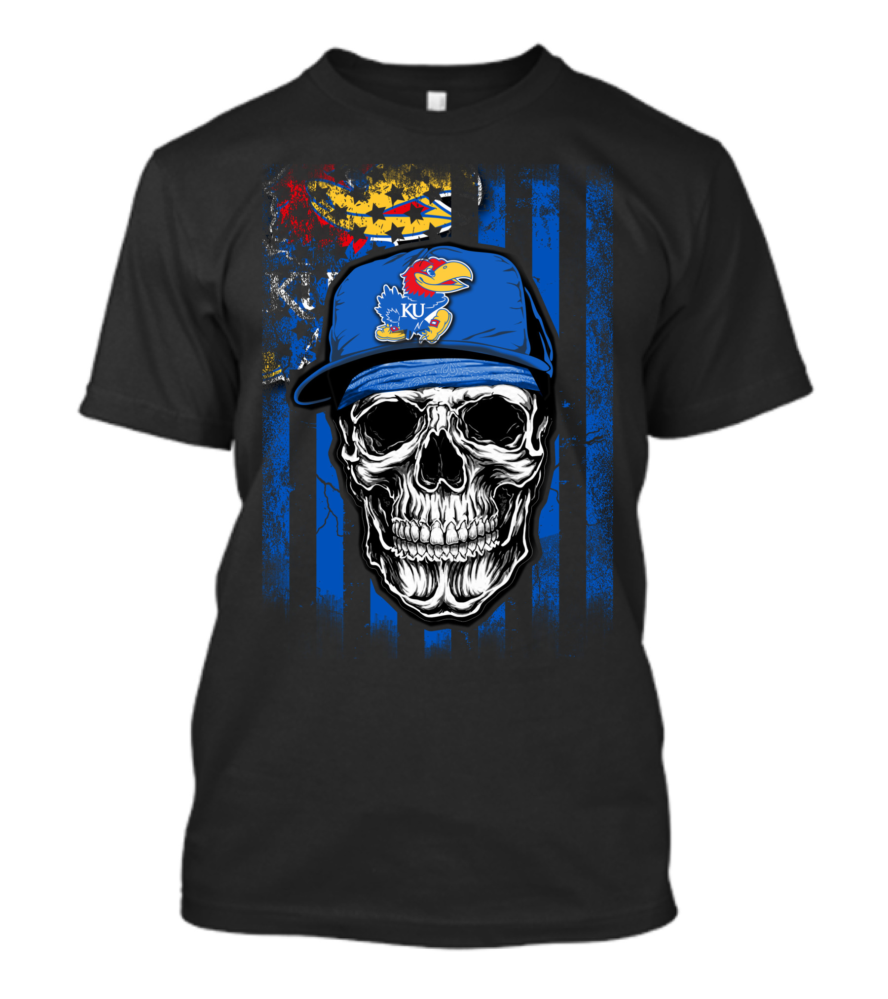 Skull Kansas Jayhawks KU Logo Hat Blue And Red Stripes T-Shirt