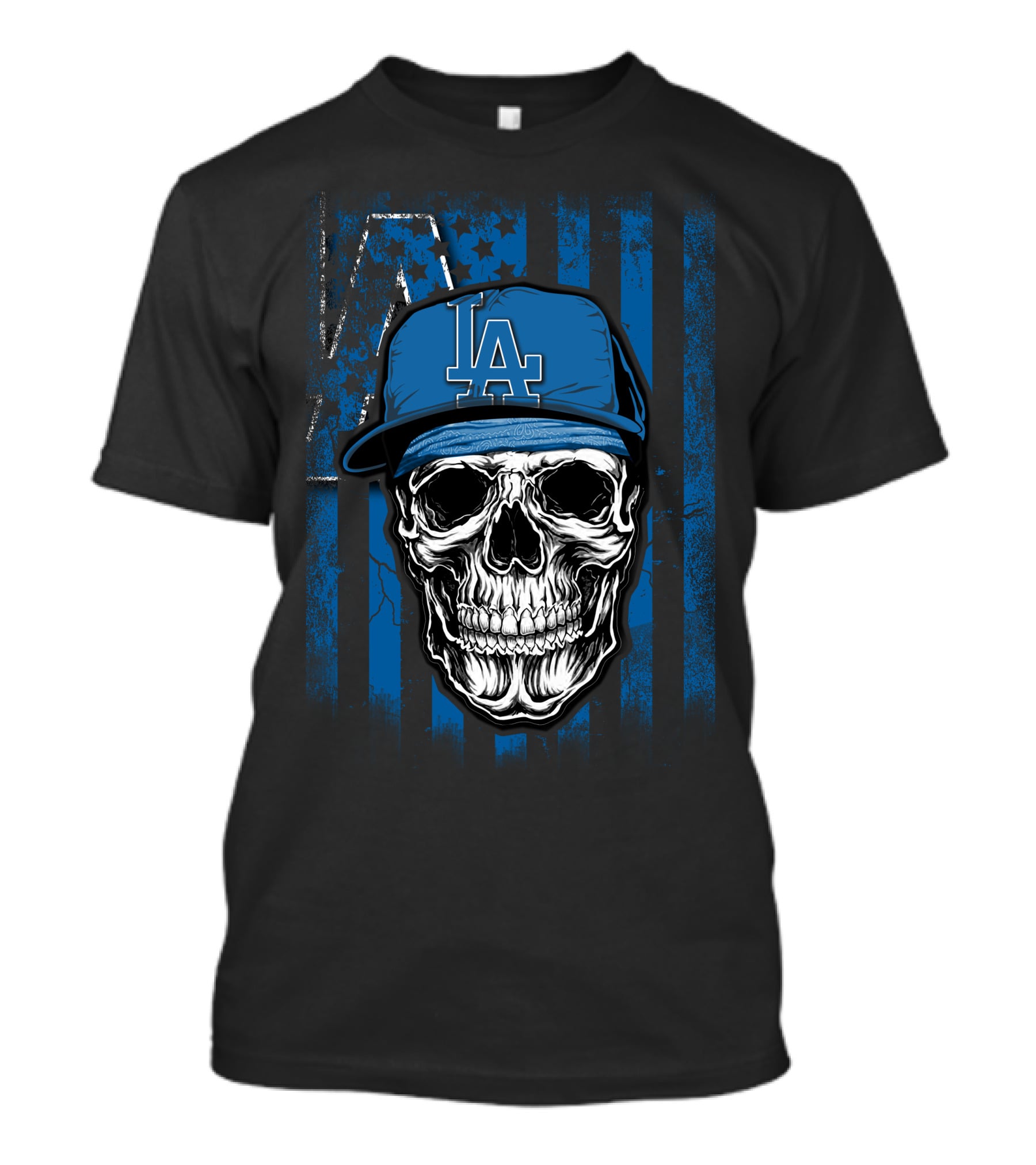 Skull Los Angeles Dodgers Baseball Cap Blue Stripes Stars T-Shirt