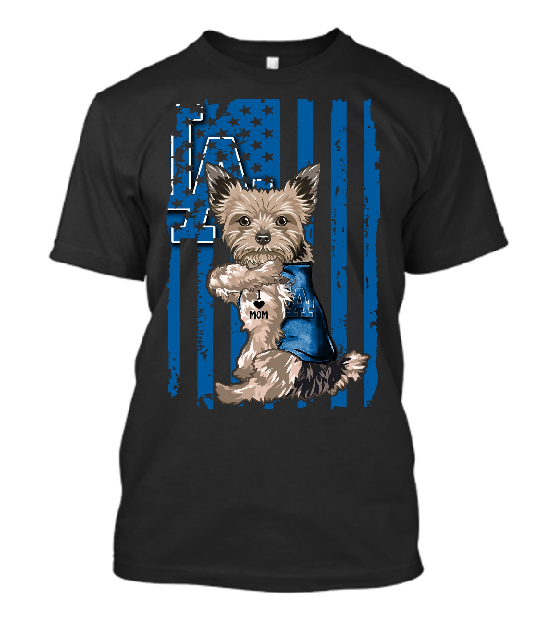 Yorkshire Terrier I Love Mom Los Angeles Dodgers Blue Stars Stripes T-Shirt