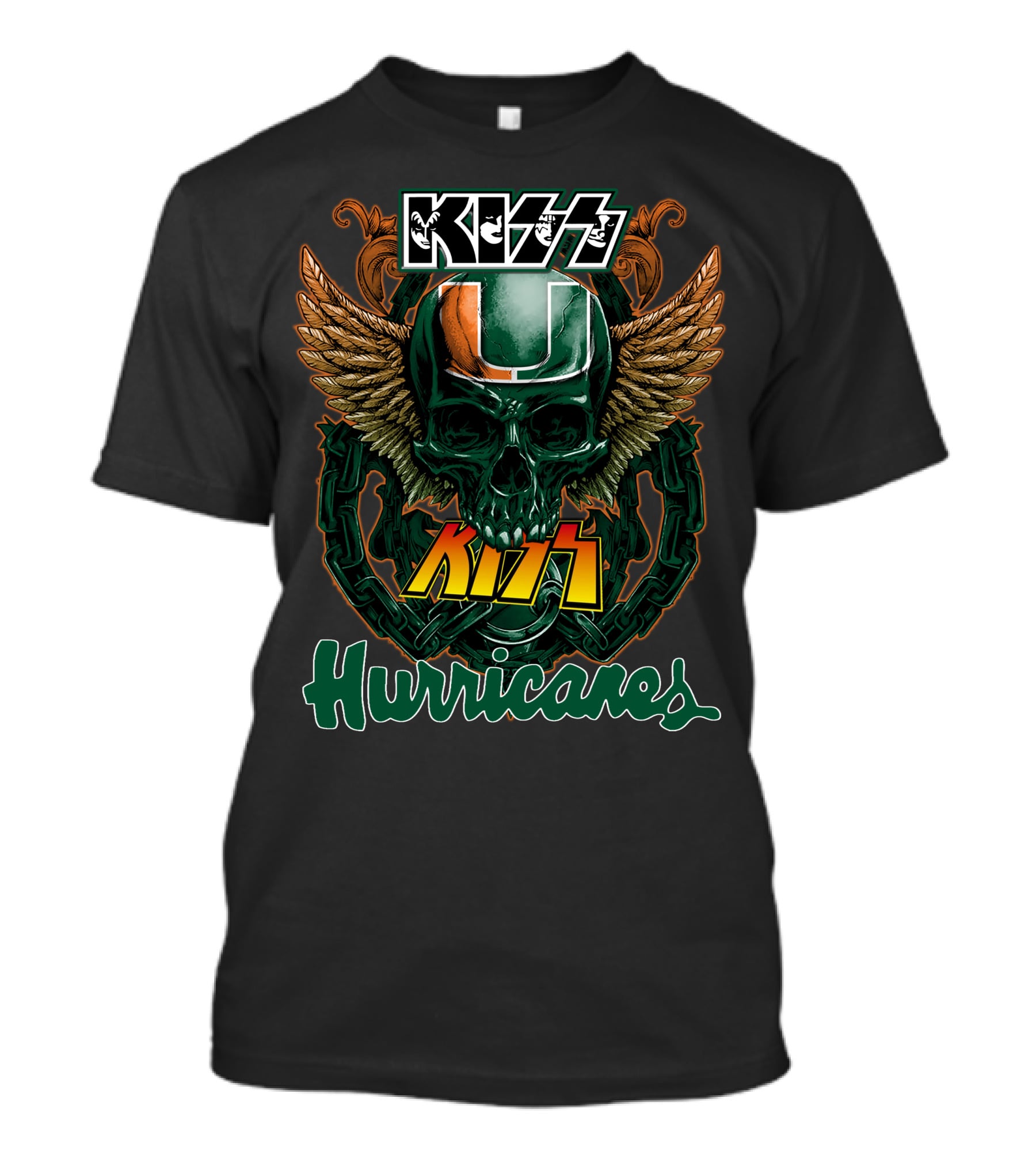 Kiss Miami Hurricanes Skull Winged Helmet Logo Collaboration T-Shirt
