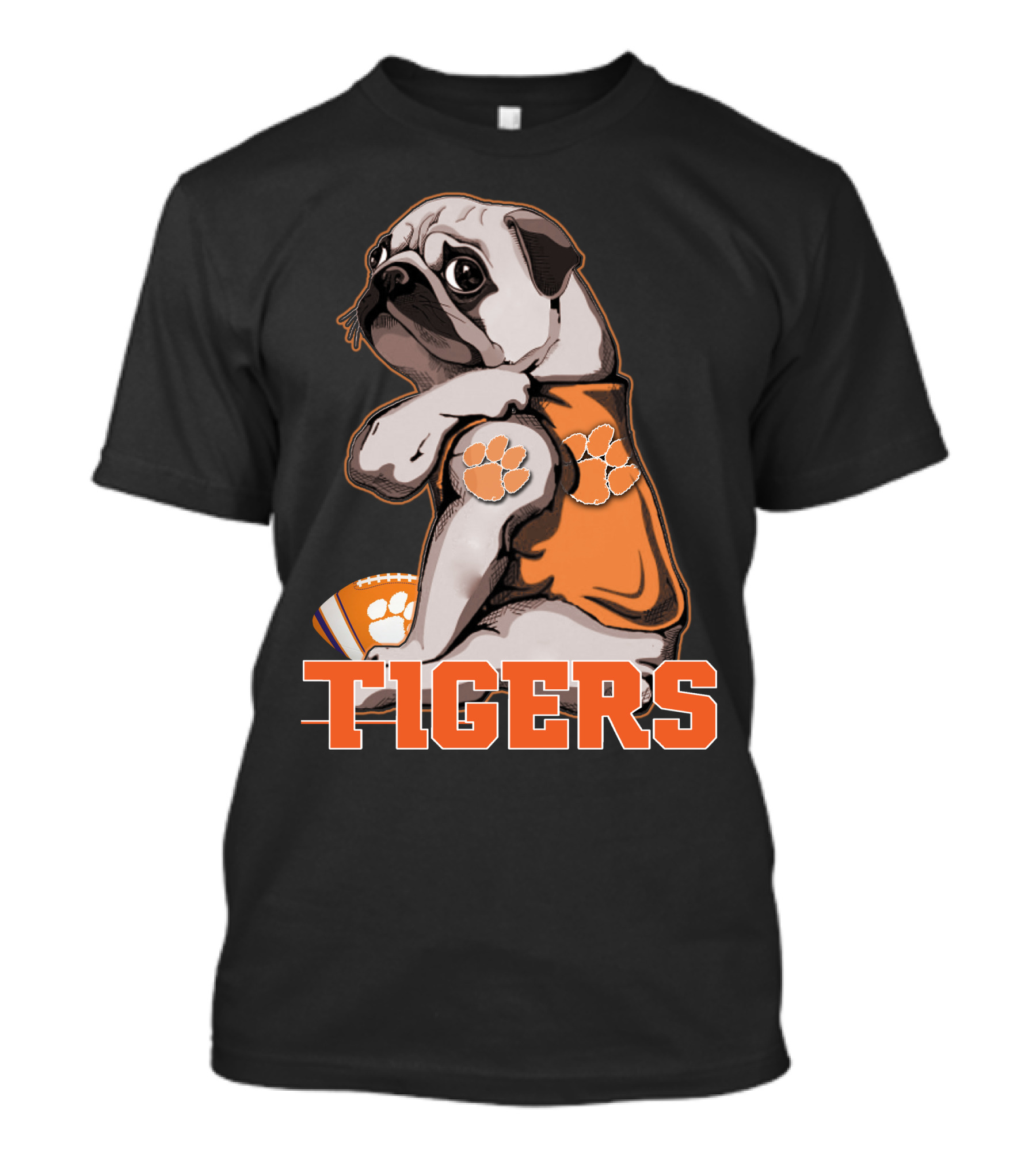 Pug Wearing Clemson Tigers Jersey With Paw Prints Football T-Shirt