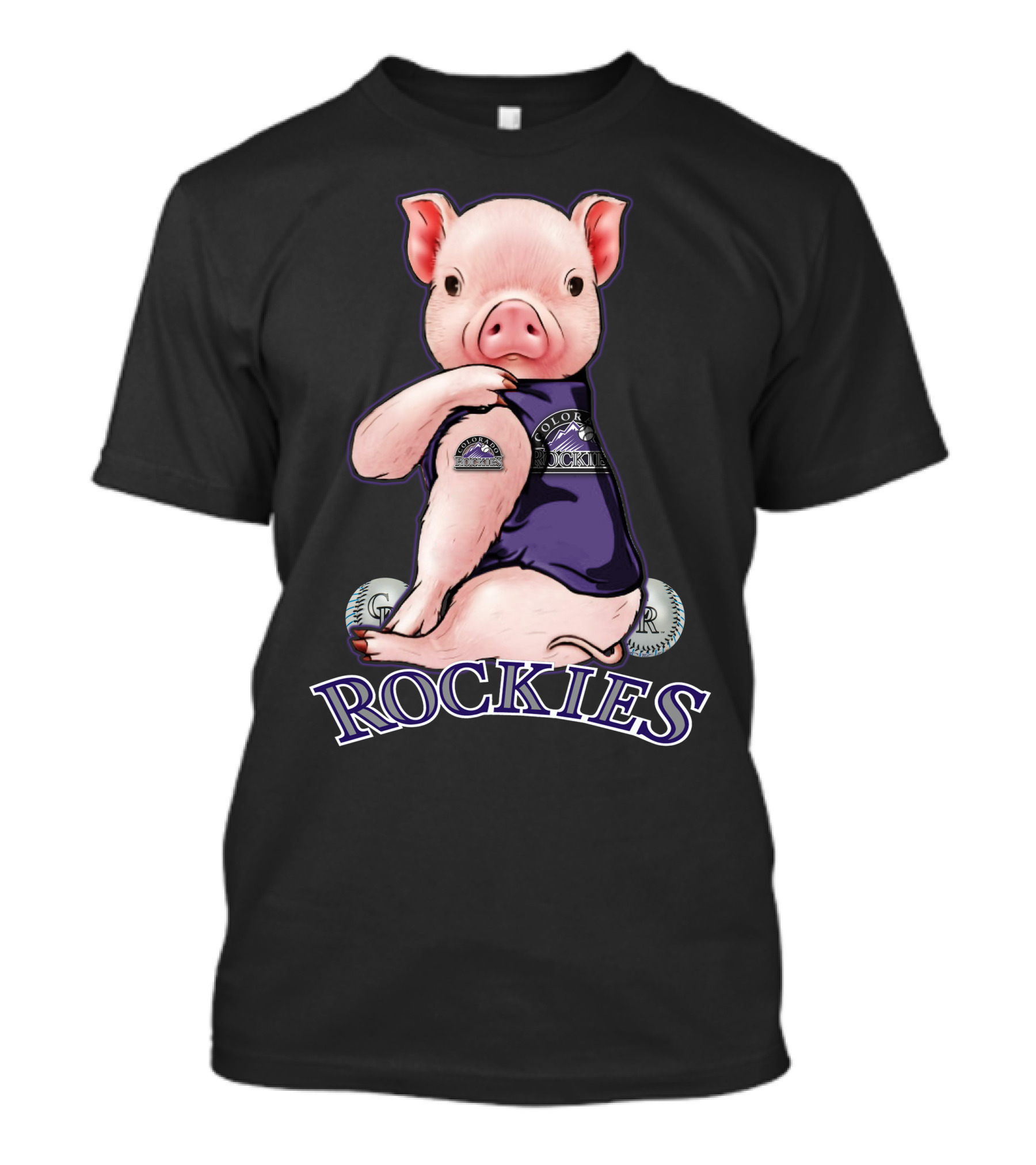 Pig Wearing Colorado Rockies Jersey With Baseballs And Rockies T-Shirt
