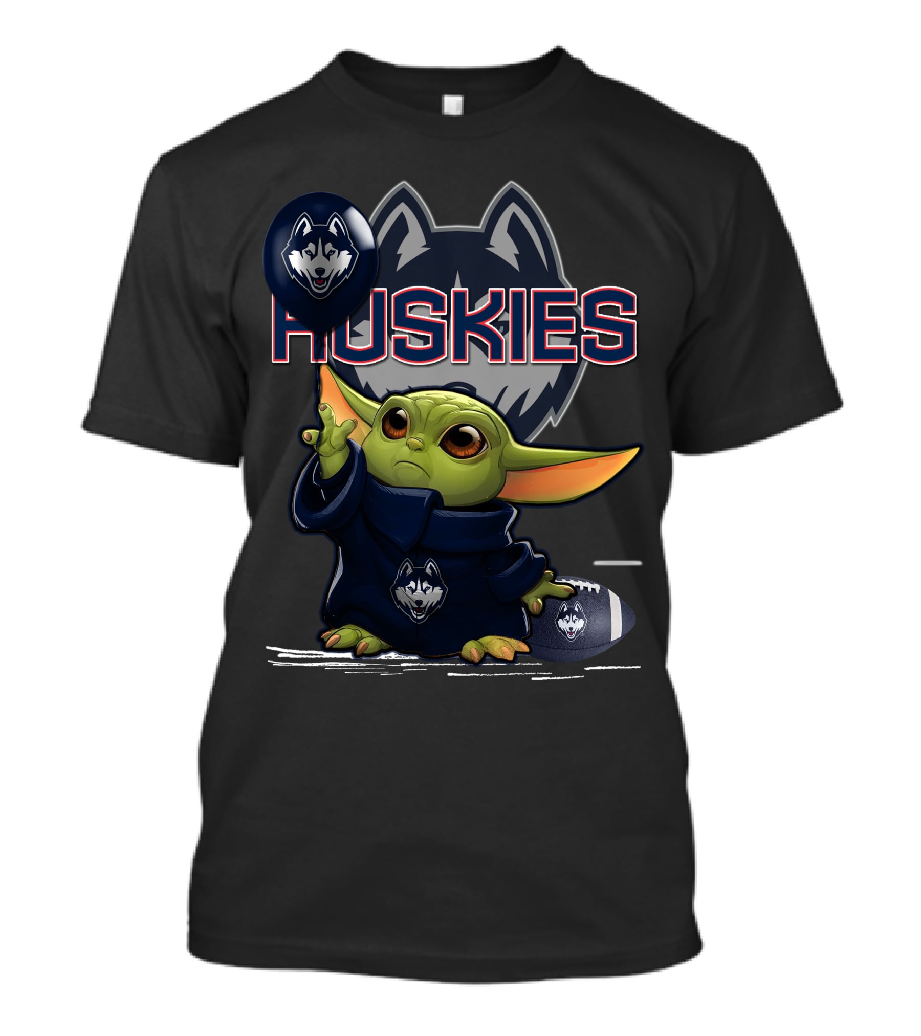 Yoda Huskies Football Character Holding Balloon T-Shirt
