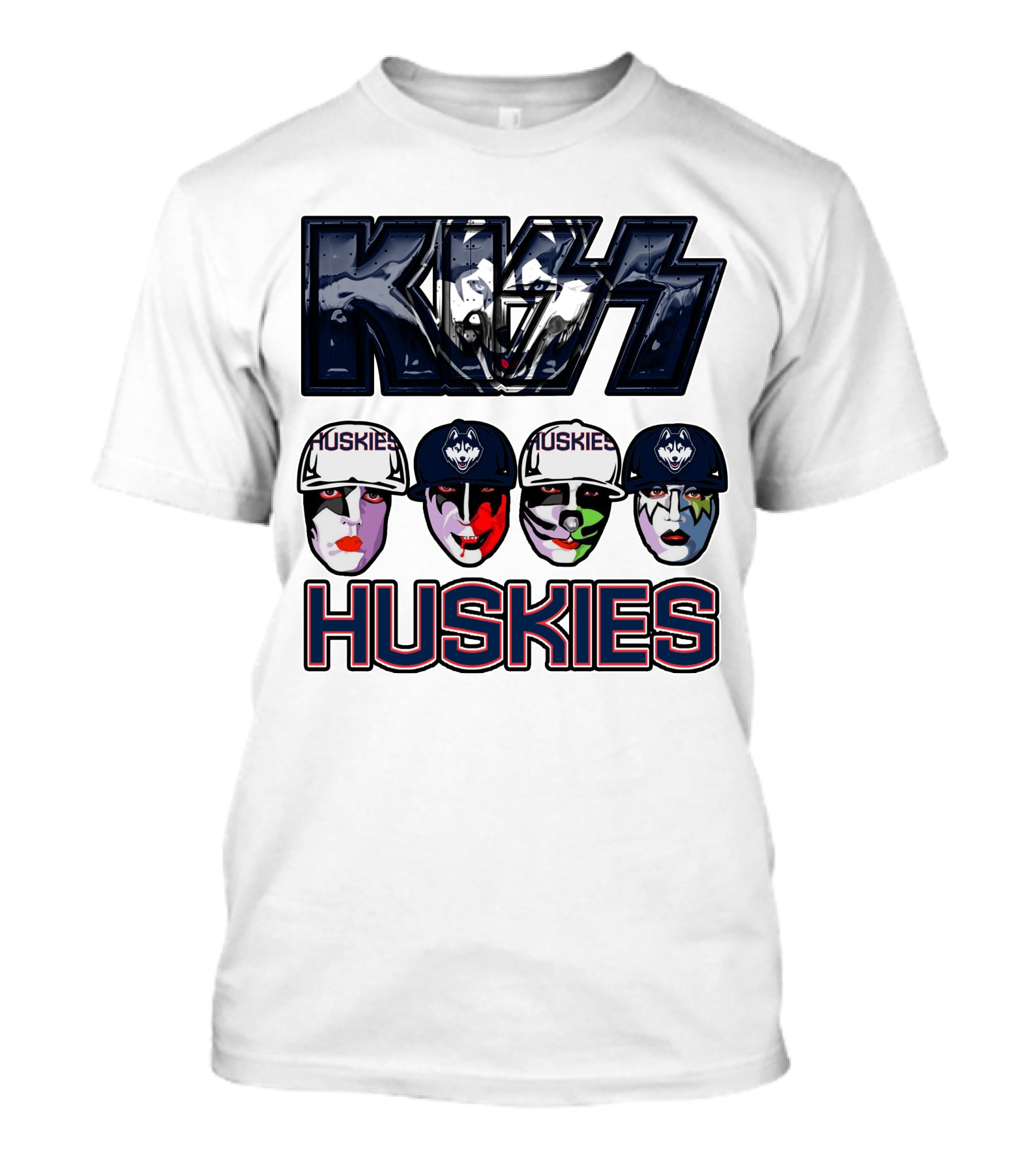 Kiss Band Style Logo With Connecticut Huskies Faces And Hats T-Shirt