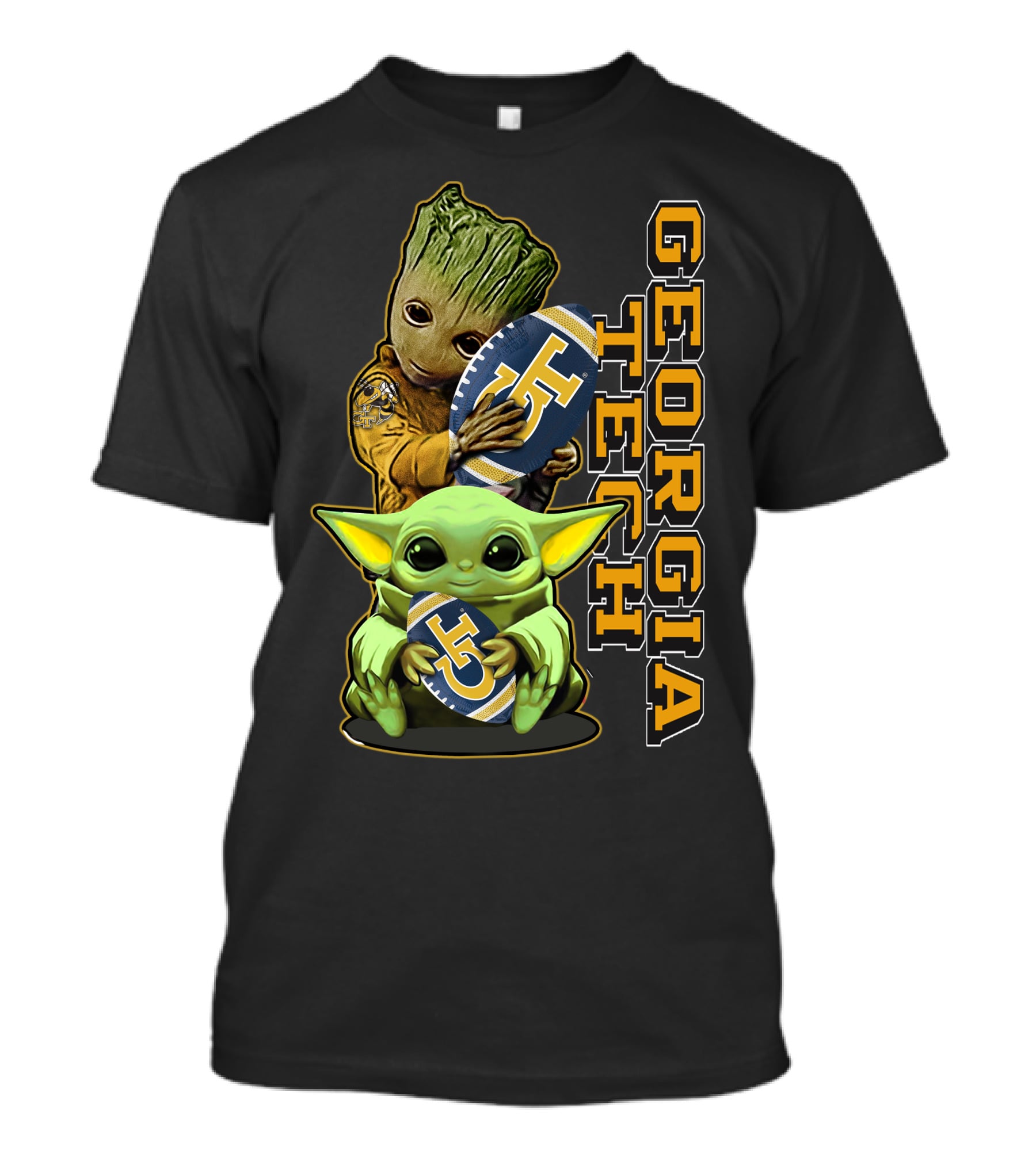 Grzd Georgia Tech Yellow Jackets Groot And Baby Yoda Football T-Shirt
