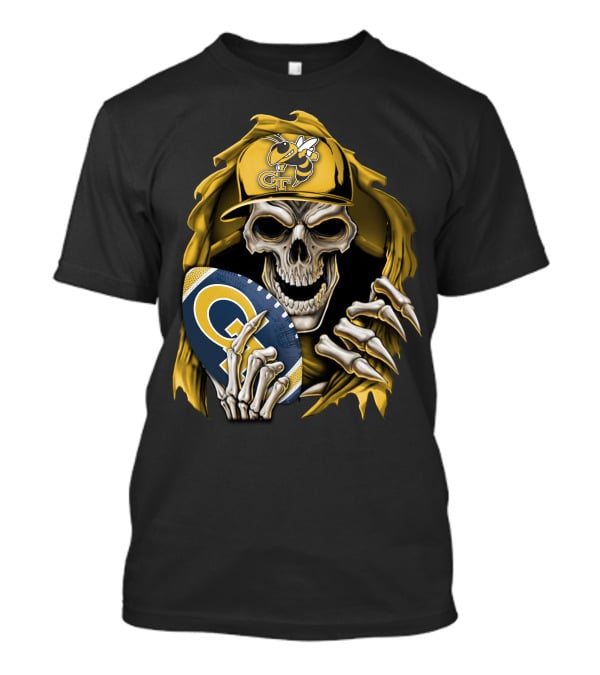 Skullbong Georgia Tech Yellow Jackets Grim Reaper Holding GT Football With Yellow Jacket Cap T-Shirt