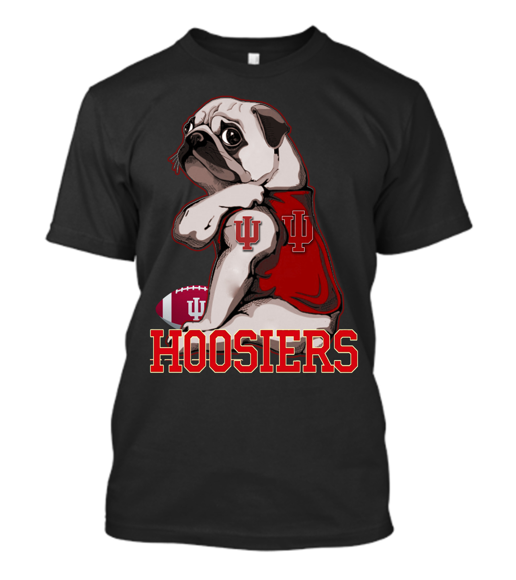 Pug Wearing Indiana Hoosiers Football Jersey With IU T-Shirt