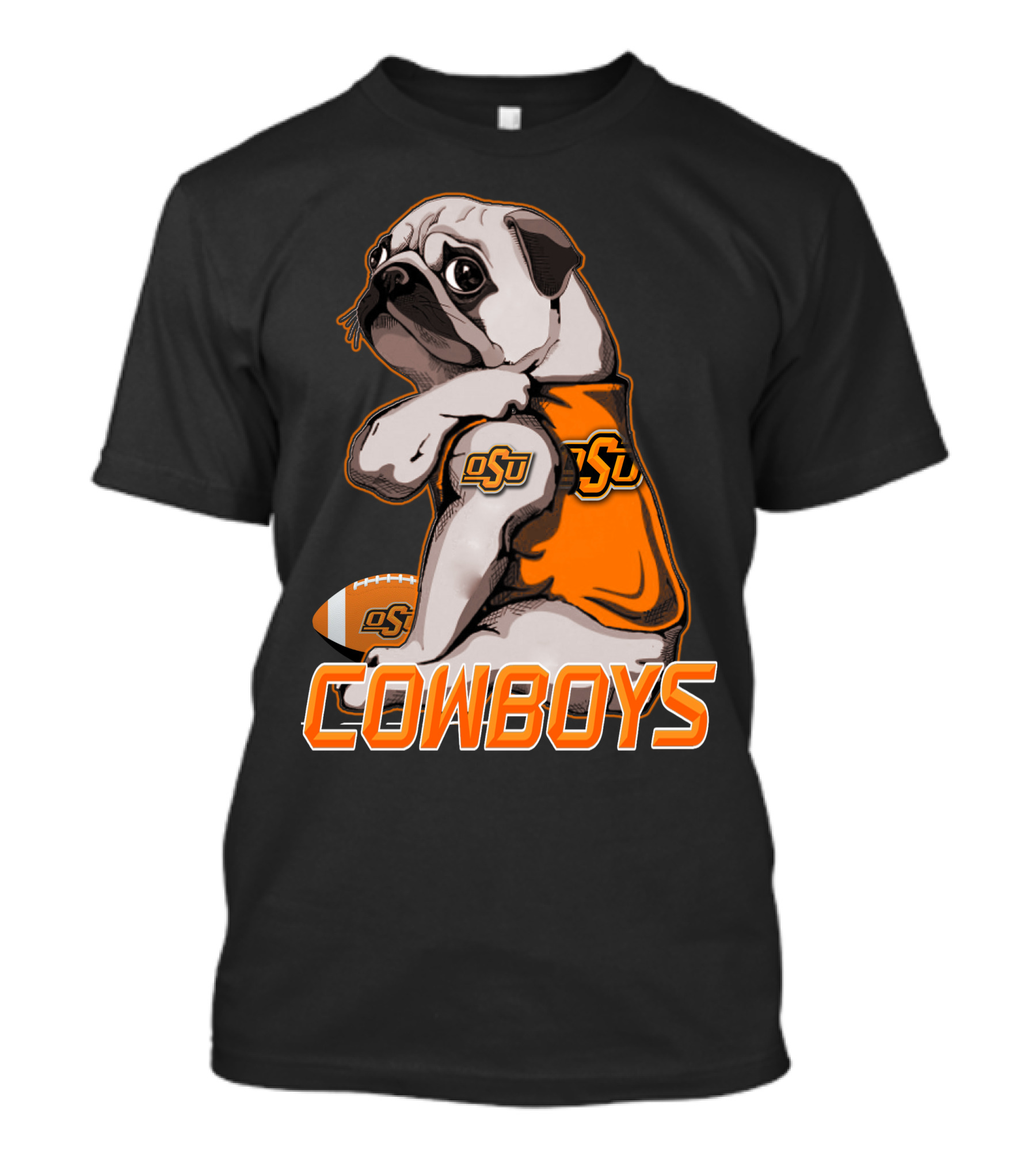 OSU Pug With Football And Cowboys Text T-Shirt