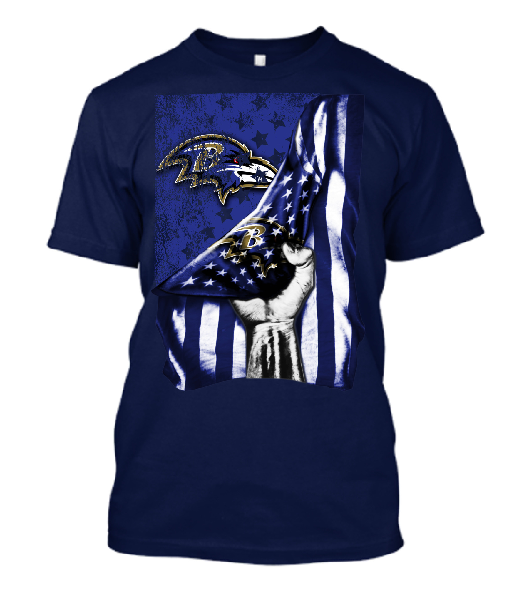 Fist Holding American Flag With Baltimore Ravens Logo And Stars T-Shirt