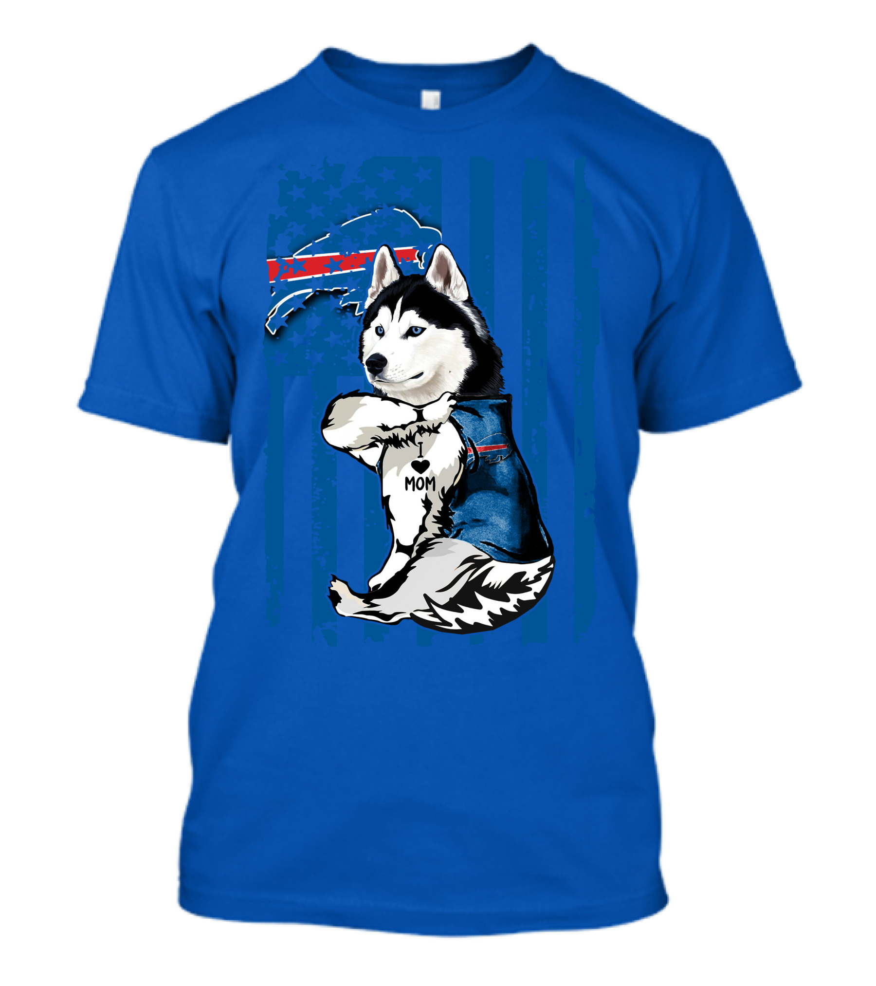 Siberian Husky Wearing Blue Buffalo Bills Vest With Heart Mom Tattoo And Flag T-Shirt