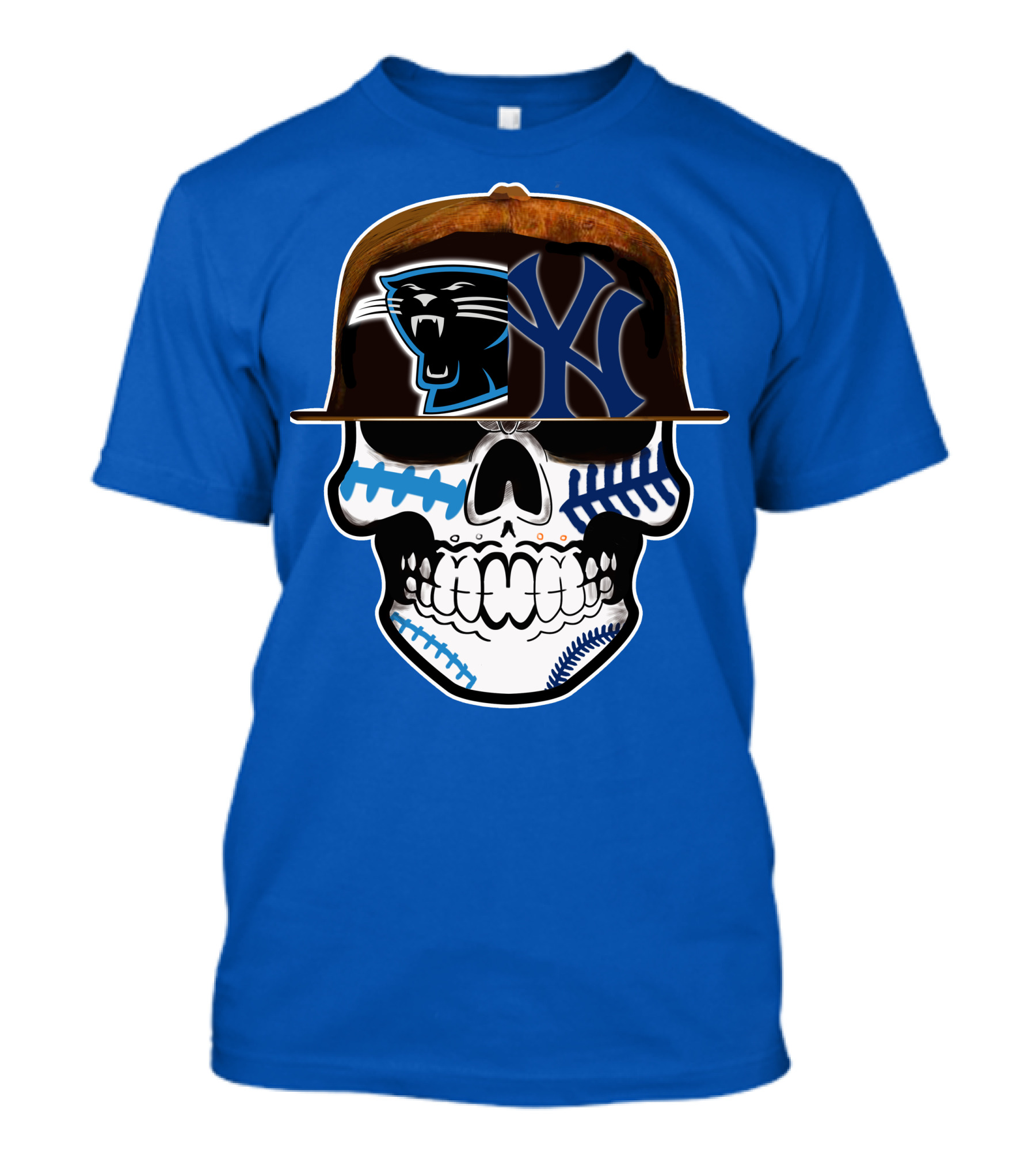 Carolina Panthers New York Yankees Skull Hat T-Shirt