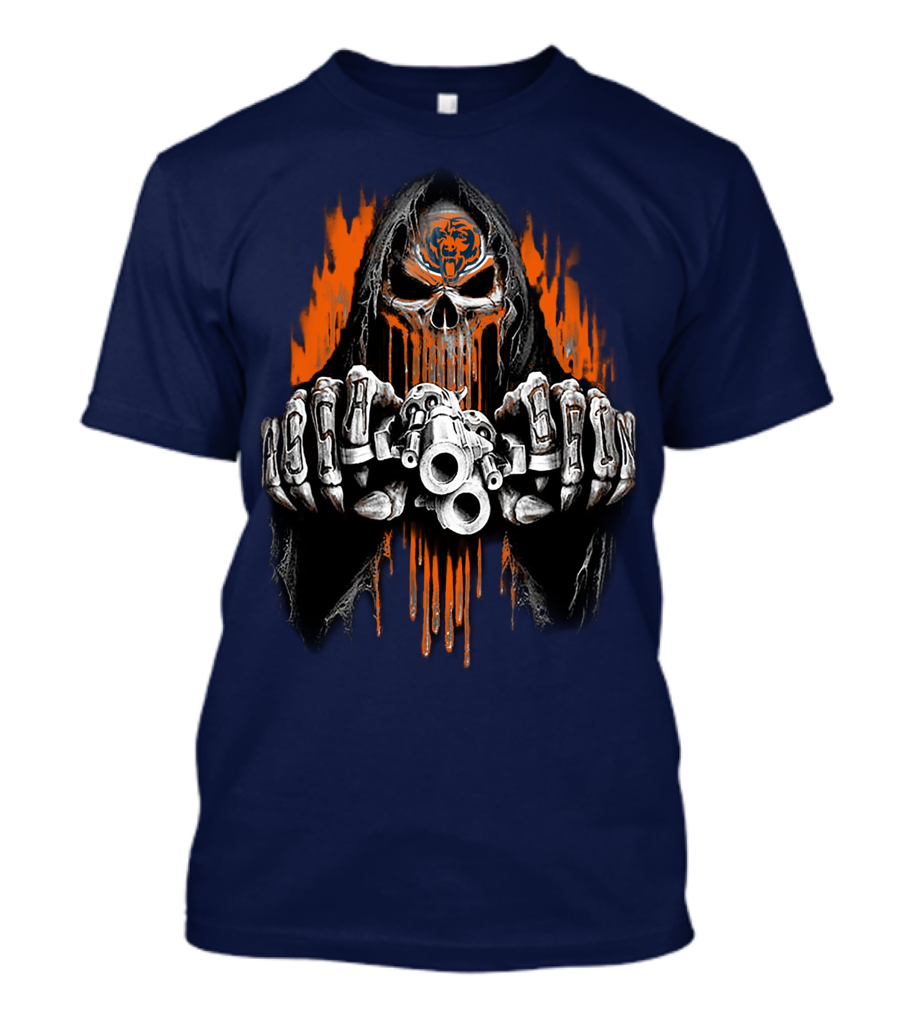 Chicago Bears Grim Reaper Skull With Orange Flames And Skull Knuckles T-Shirt