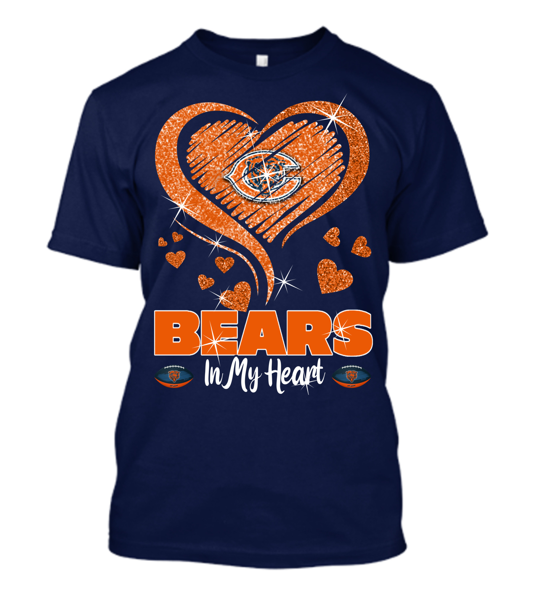 Bears In My Heart Chicago Bears Sparkling Hearts Navy Blue T-Shirt