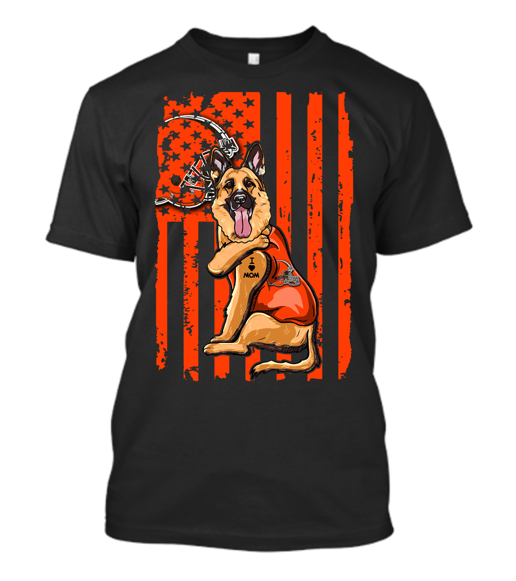 Cleveland Browns German Shepherd Dog And Football Helmet With Orange Flag Background T-Shirt