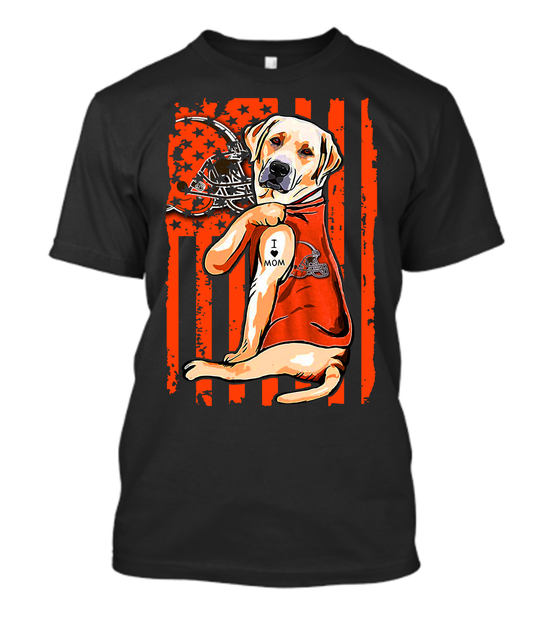 Labrador Retriever In Cleveland Browns Colors With Football Helmet And I Love Mom Tattoo T-Shirt